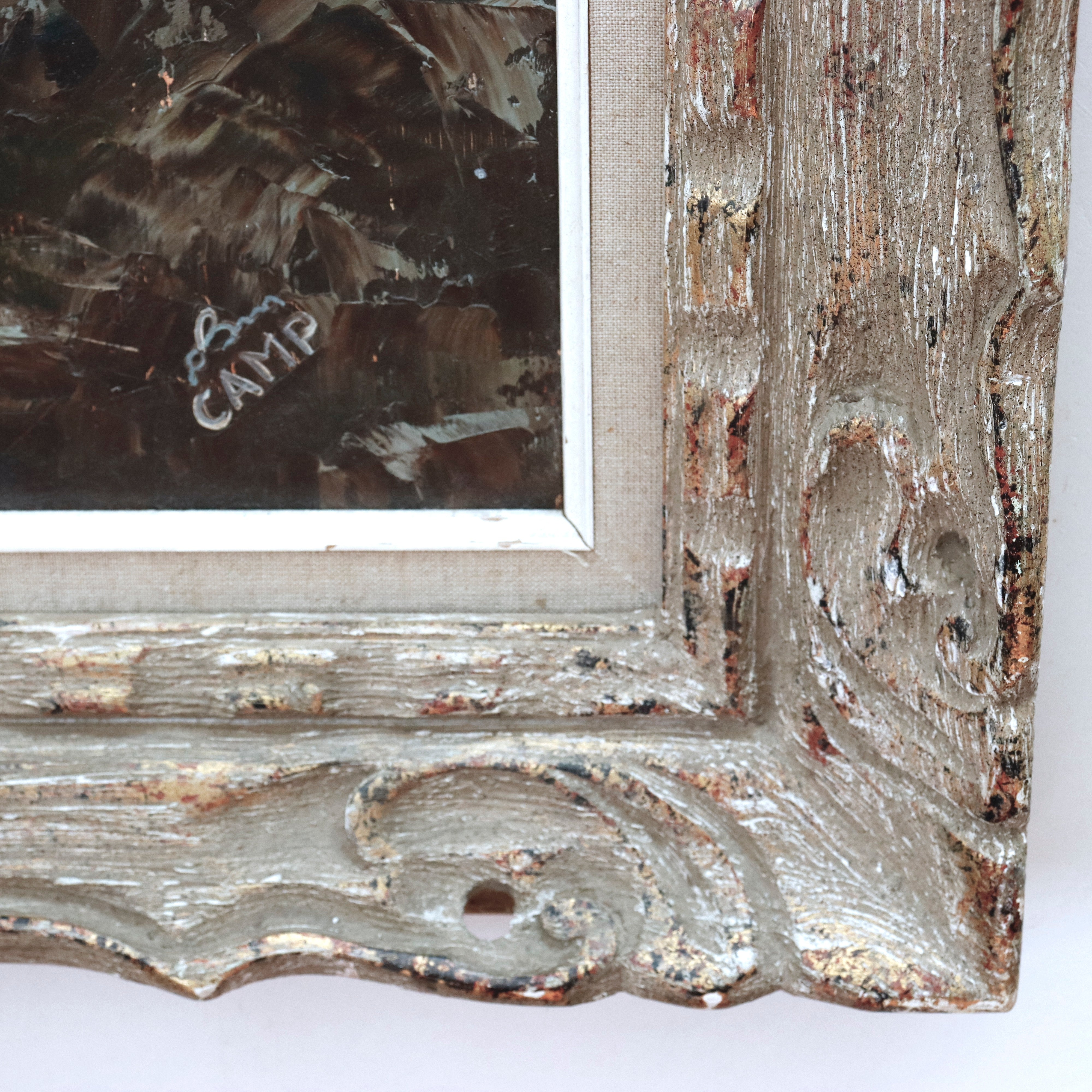 AW923: CAMP Coastal Landscape Oil on Masonite Board Mid 20th Century