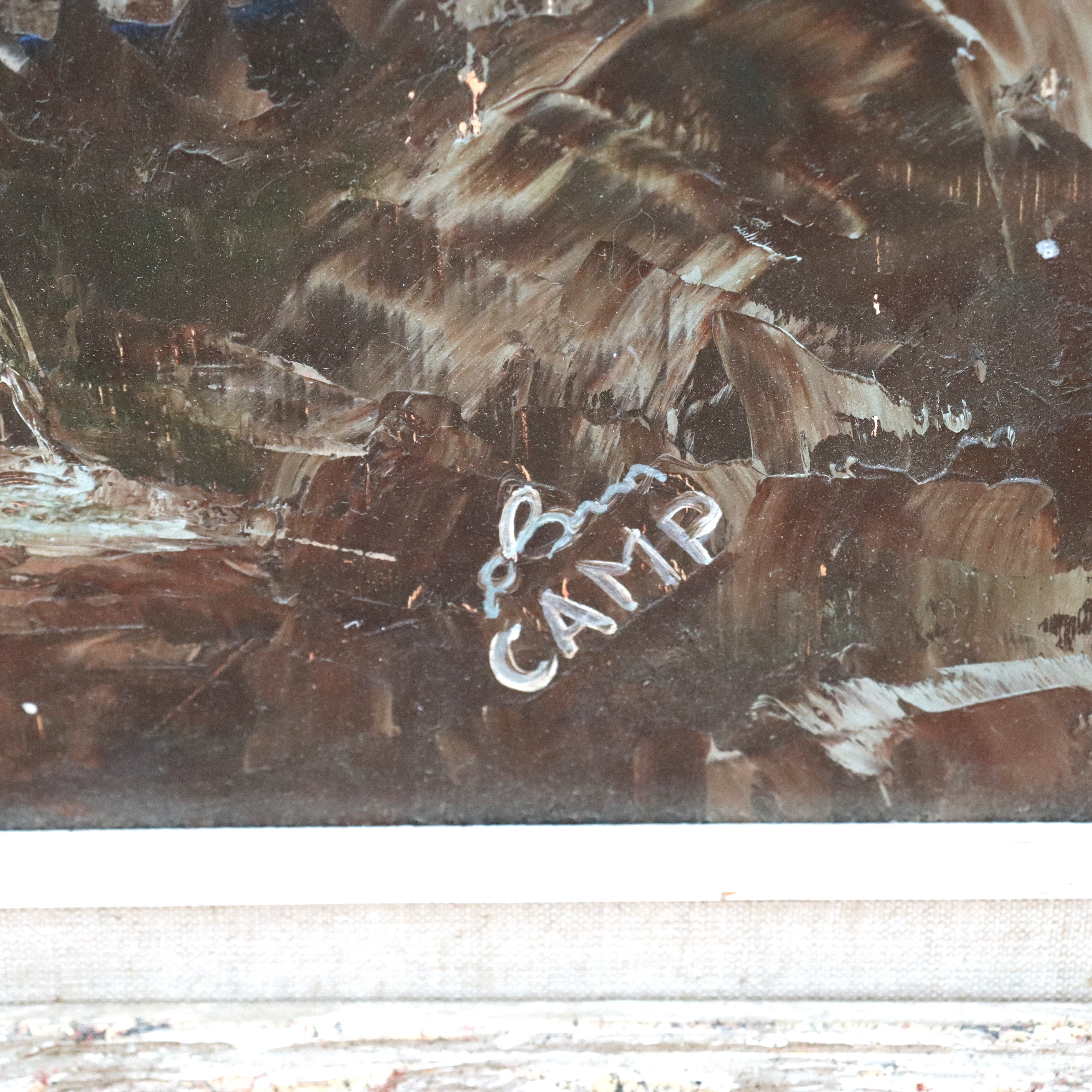 AW923: CAMP Coastal Landscape Oil on Masonite Board Mid 20th Century