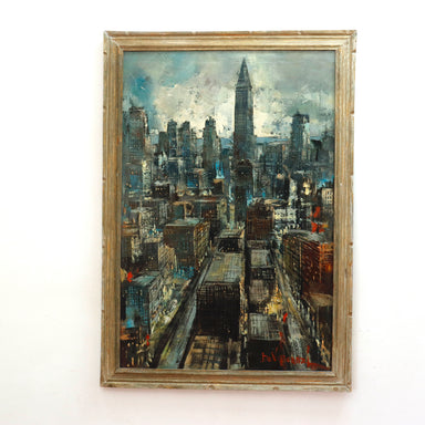 Giorgio DeVincenzi Mid Century Twilight New York Cityscape Oil on Canvas Painting Circa 1950's | Work of Man