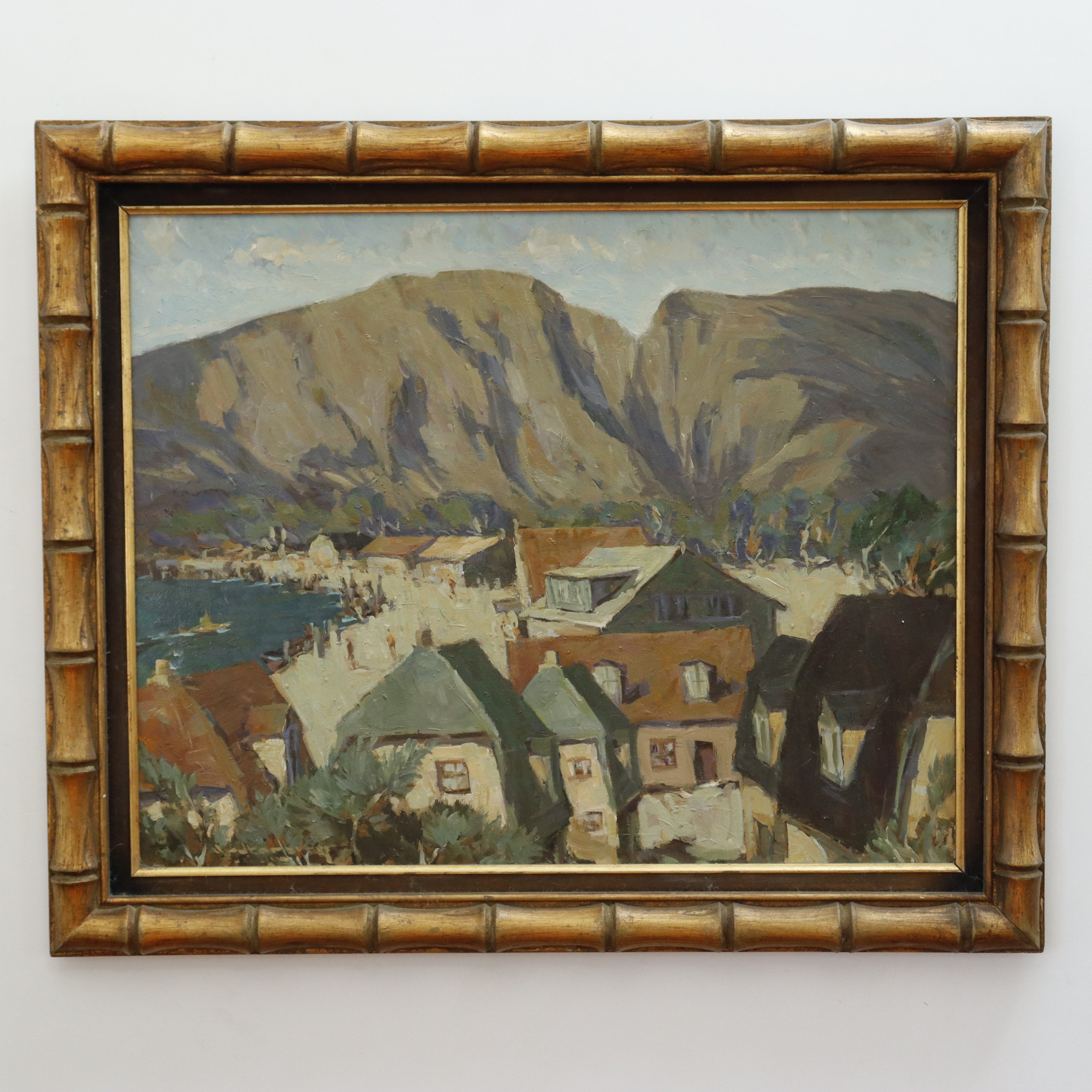 AW456: Fred Korburg Svaneke Harbor Bornholm Denmark Oil on Masonite Panel Circa 1969