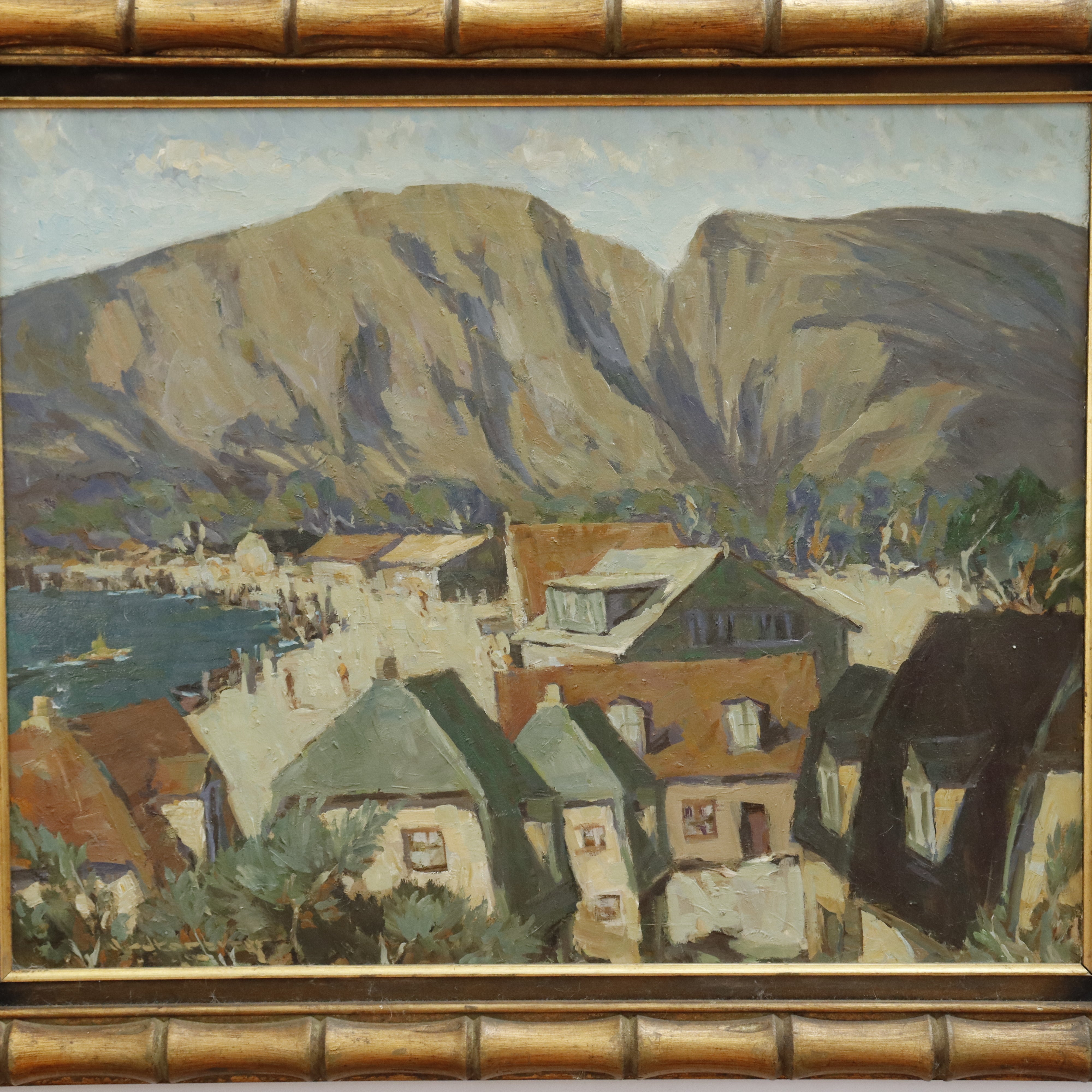 AW456: Fred Korburg Svaneke Harbor Bornholm Denmark Oil on Masonite Panel Circa 1969