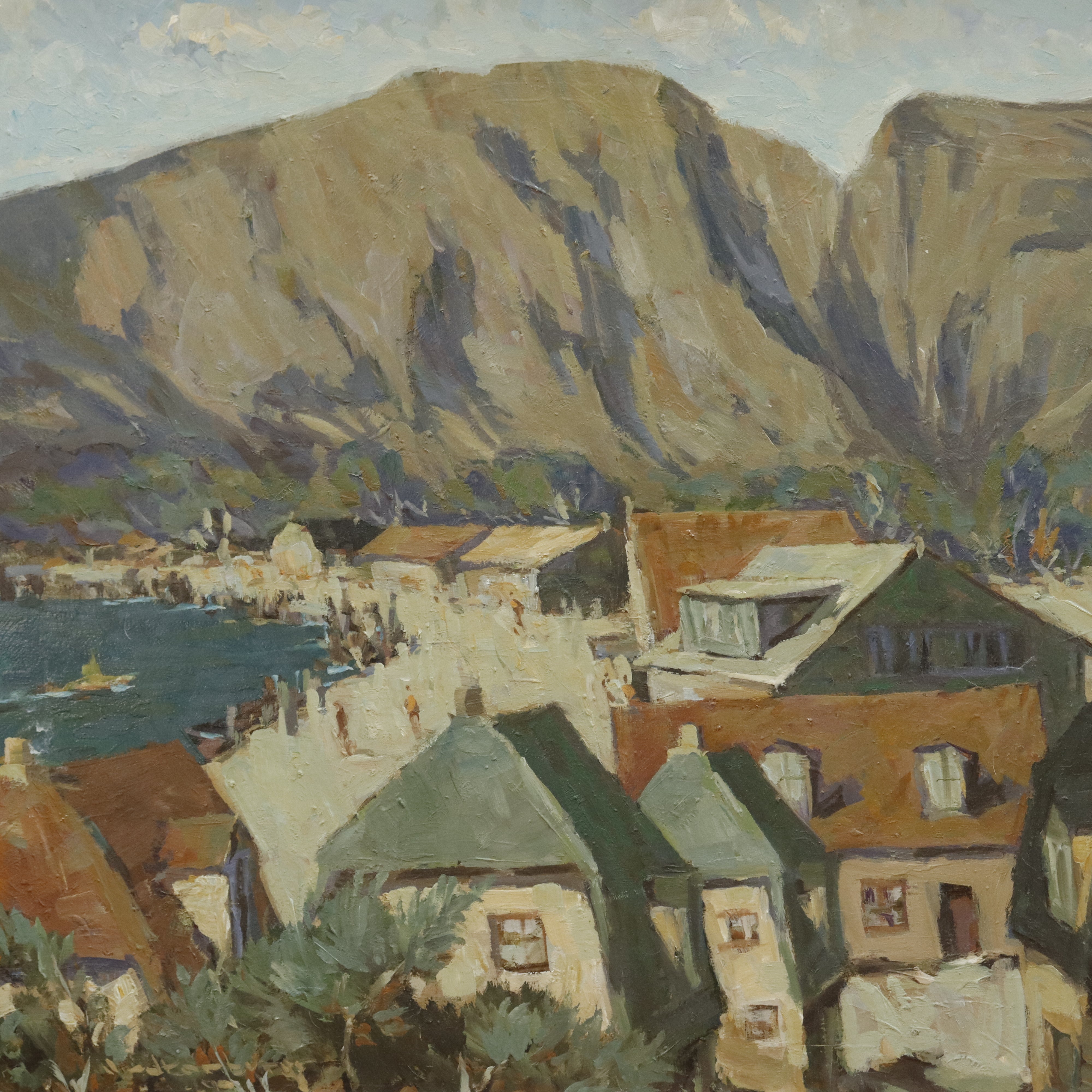 AW456: Fred Korburg Svaneke Harbor Bornholm Denmark Oil on Masonite Panel Circa 1969