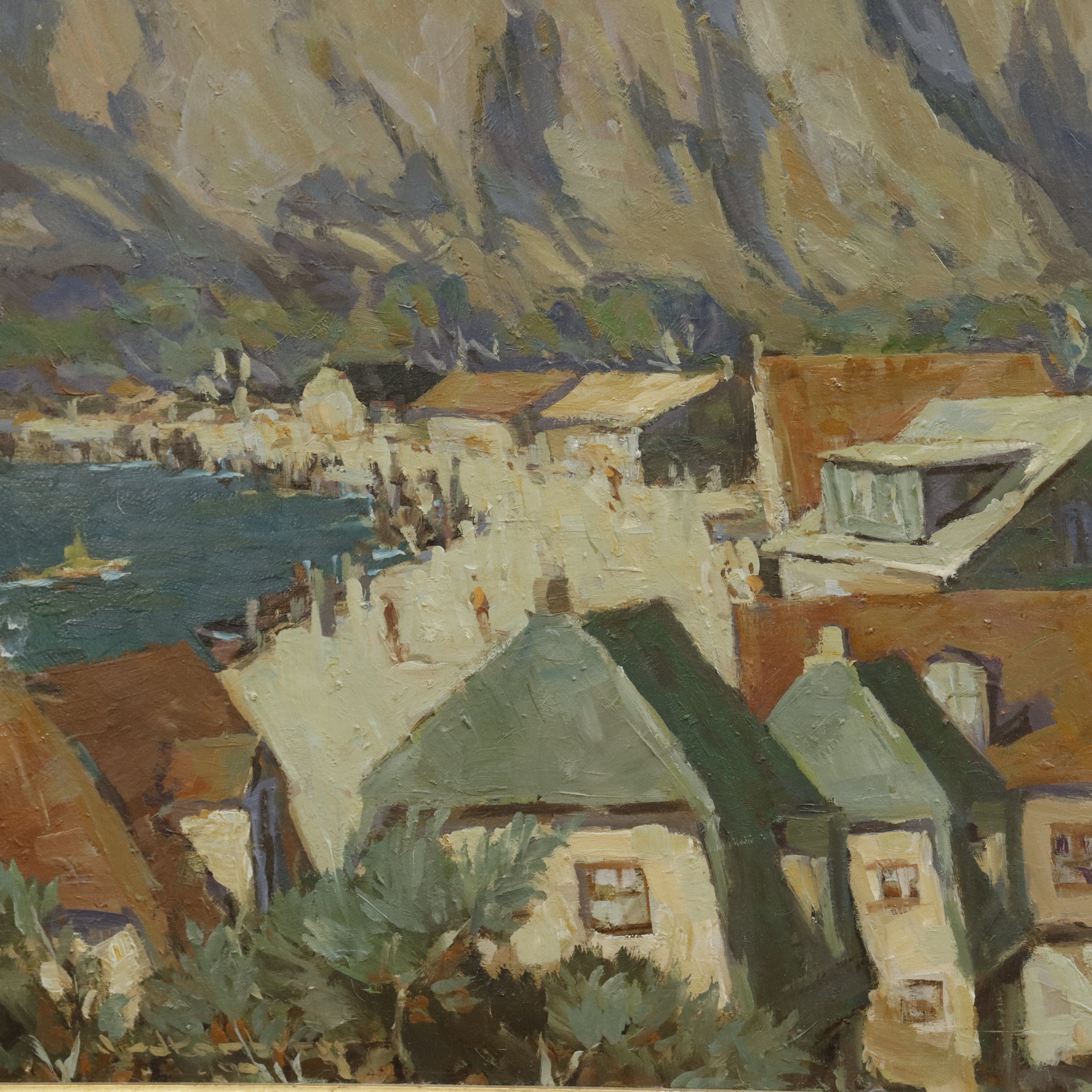 AW456: Fred Korburg Svaneke Harbor Bornholm Denmark Oil on Masonite Panel Circa 1969