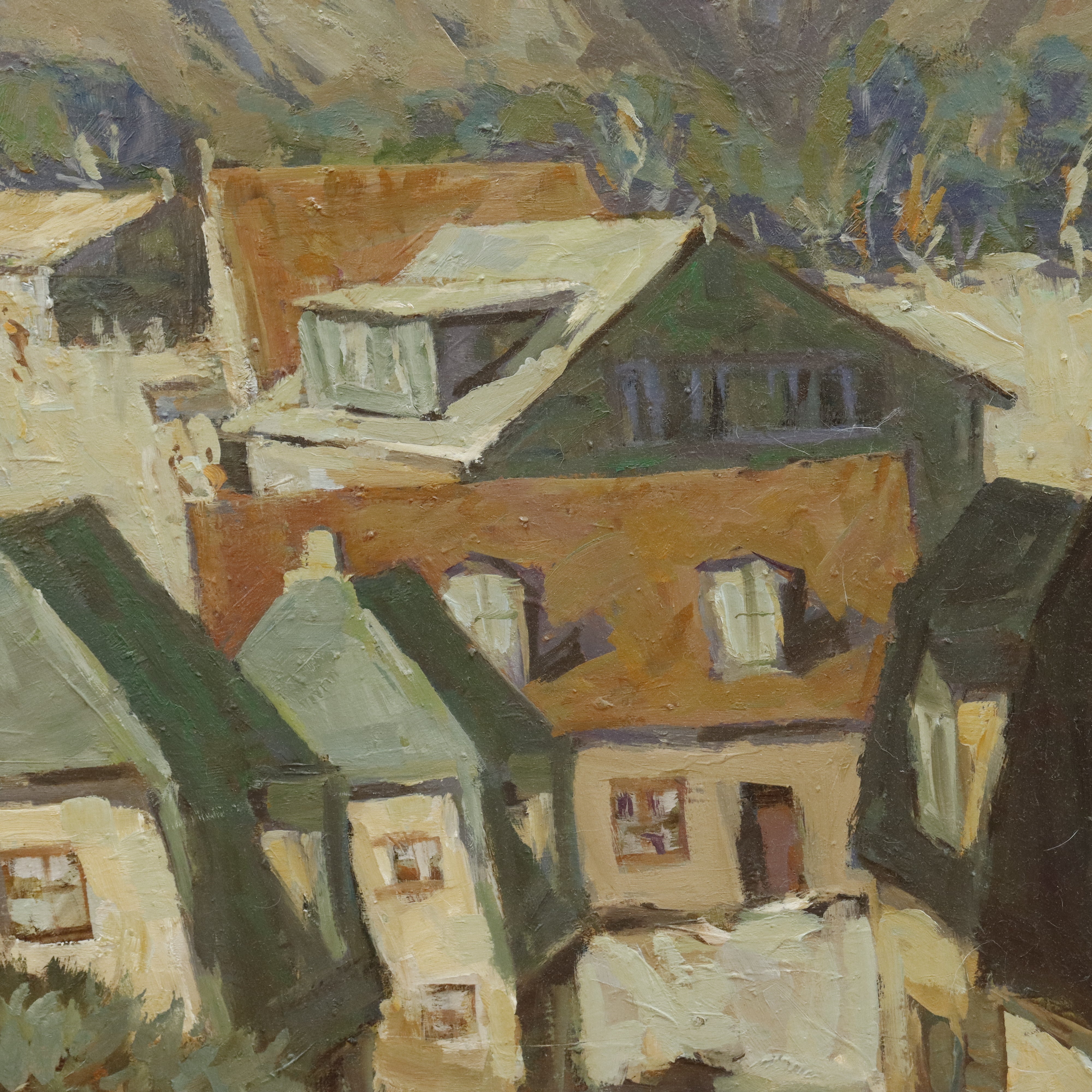 AW456: Fred Korburg Svaneke Harbor Bornholm Denmark Oil on Masonite Panel Circa 1969