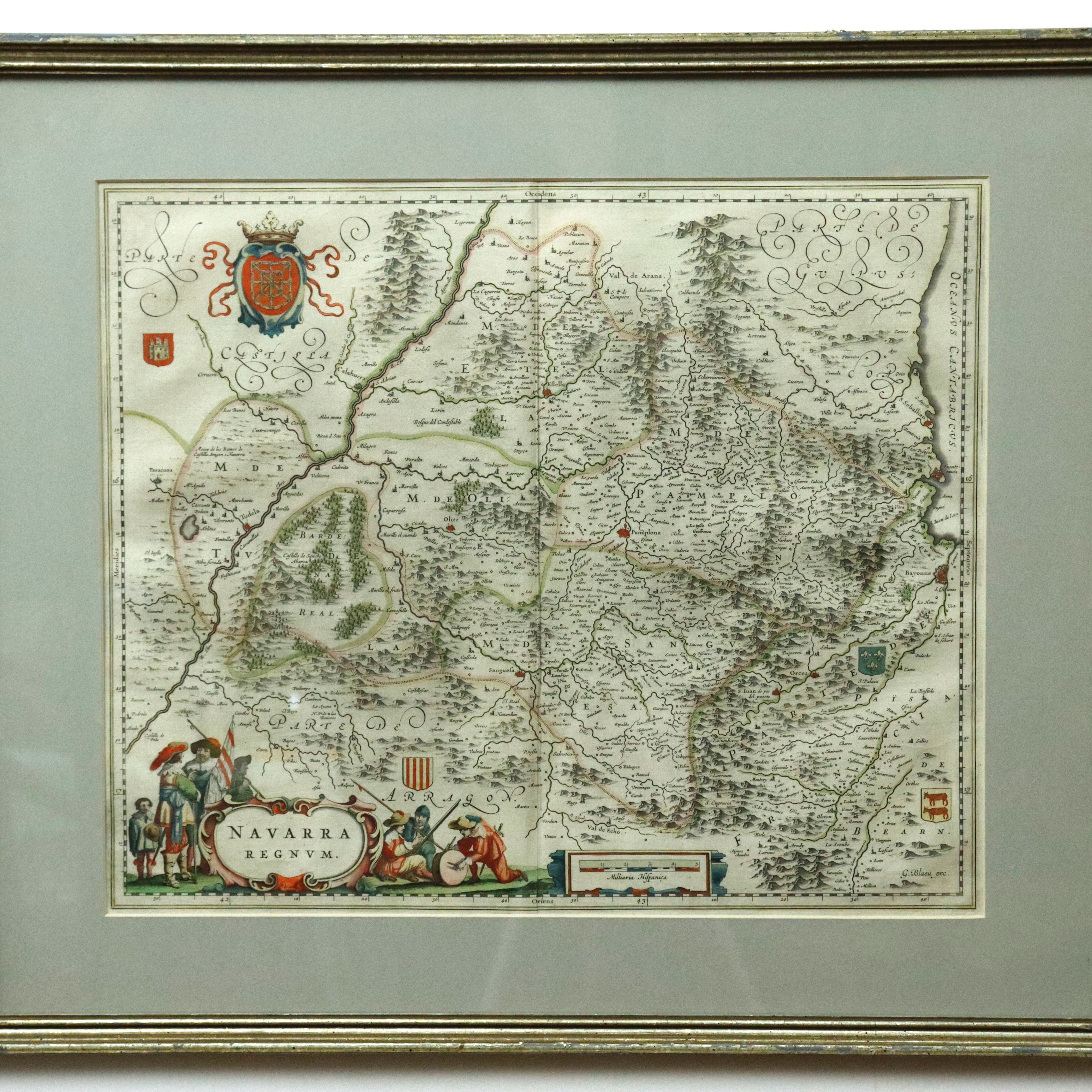 AW7-250: Willem Janszoon Blaeu Navarra Regnum Colored Engraving Map Circa 1635