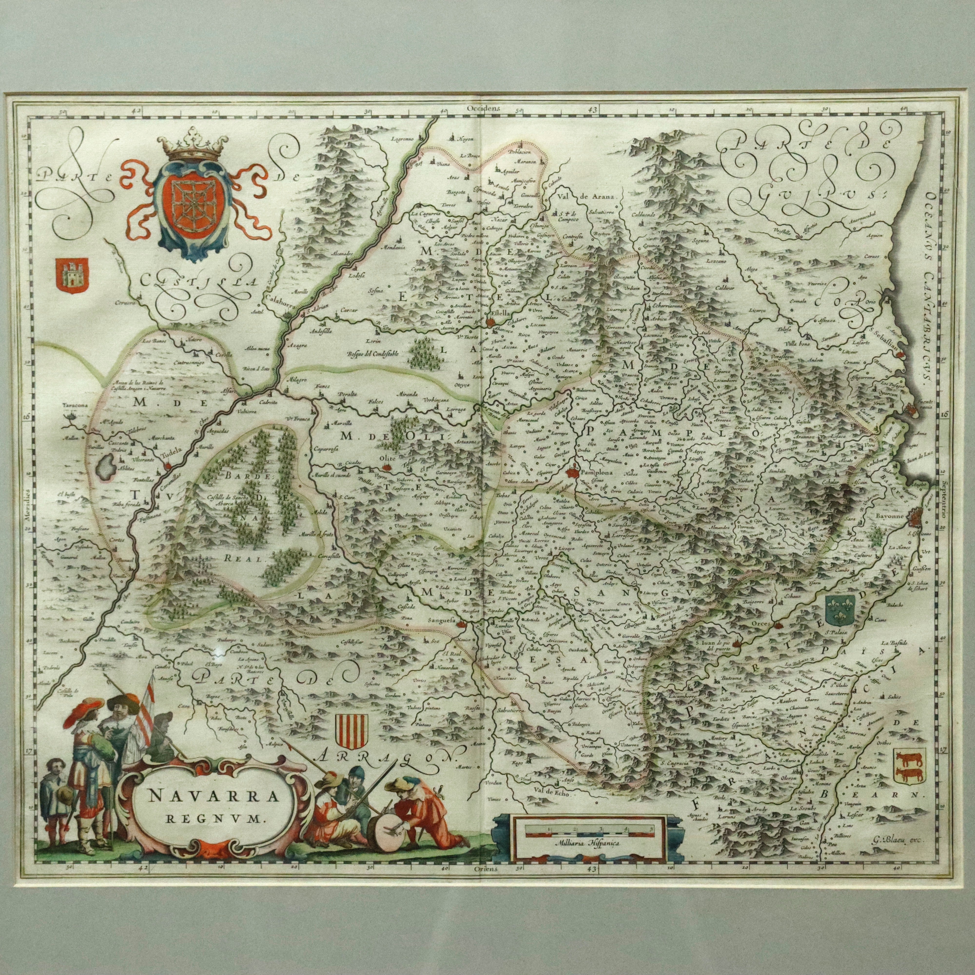 AW7-250: Willem Janszoon Blaeu Navarra Regnum Colored Engraving Map Circa 1635