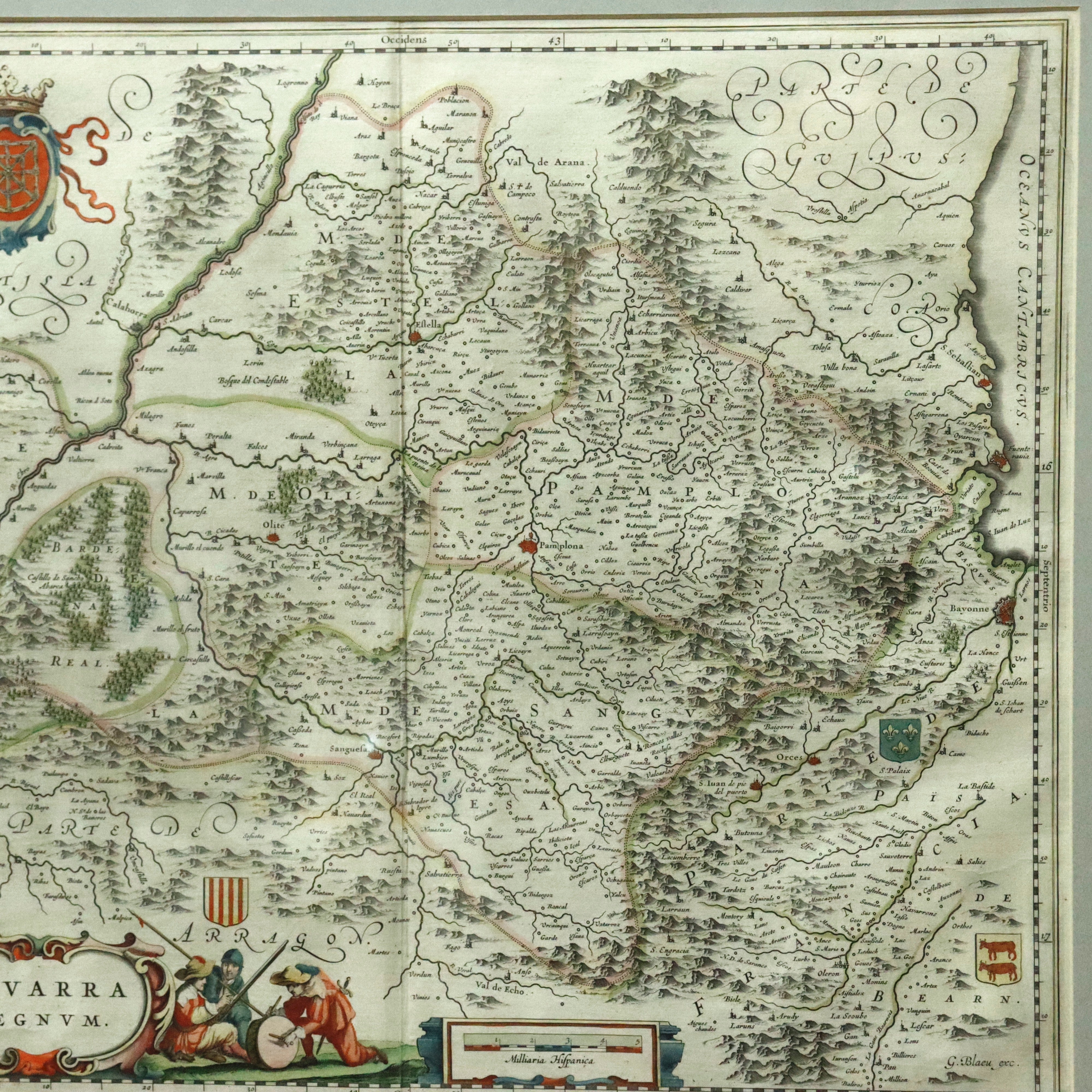 AW7-250: Willem Janszoon Blaeu Navarra Regnum Colored Engraving Map Circa 1635