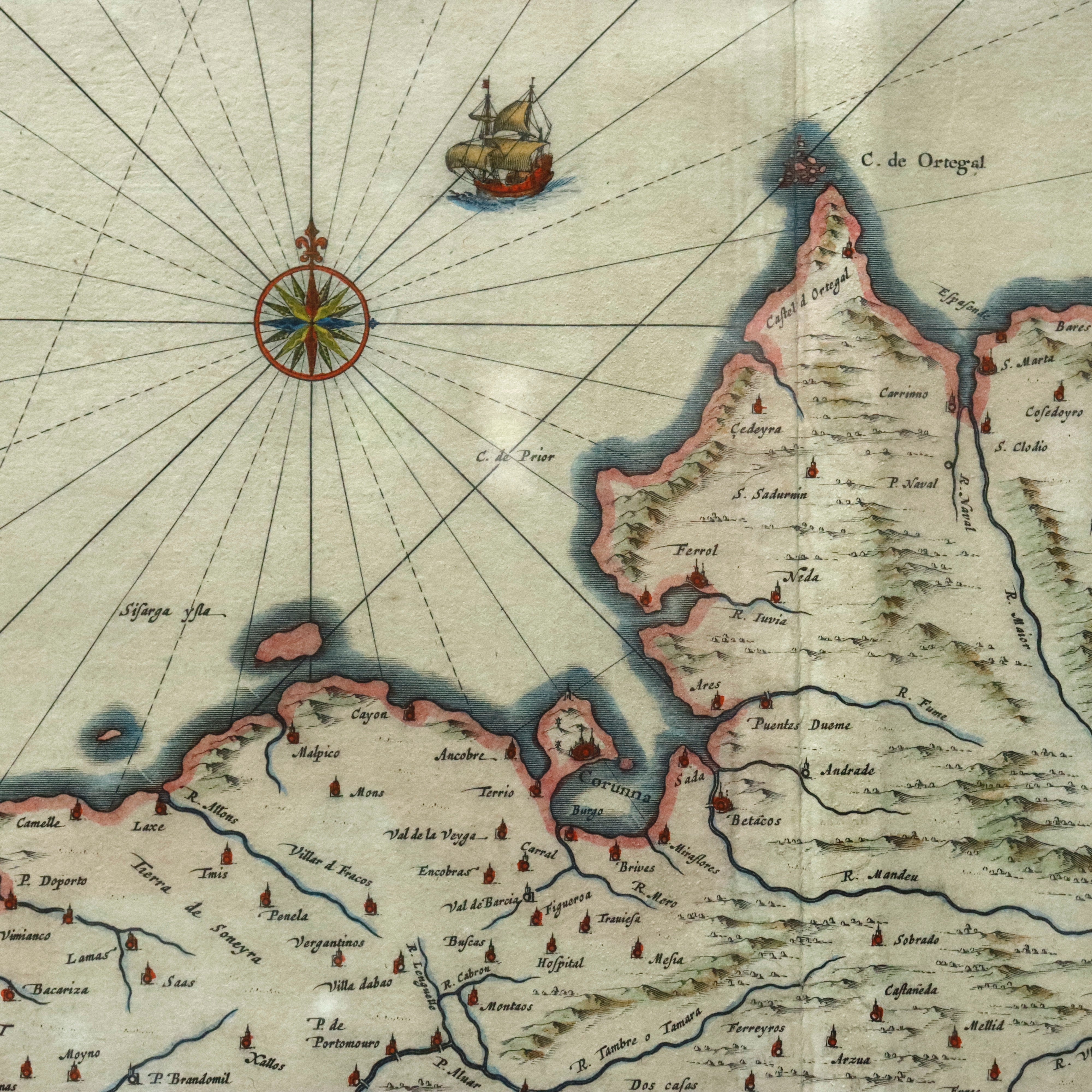 AW7-255: Willem Janszoon Blaeu Kingdom of Galicia Colored Engraving Map Circa 1635