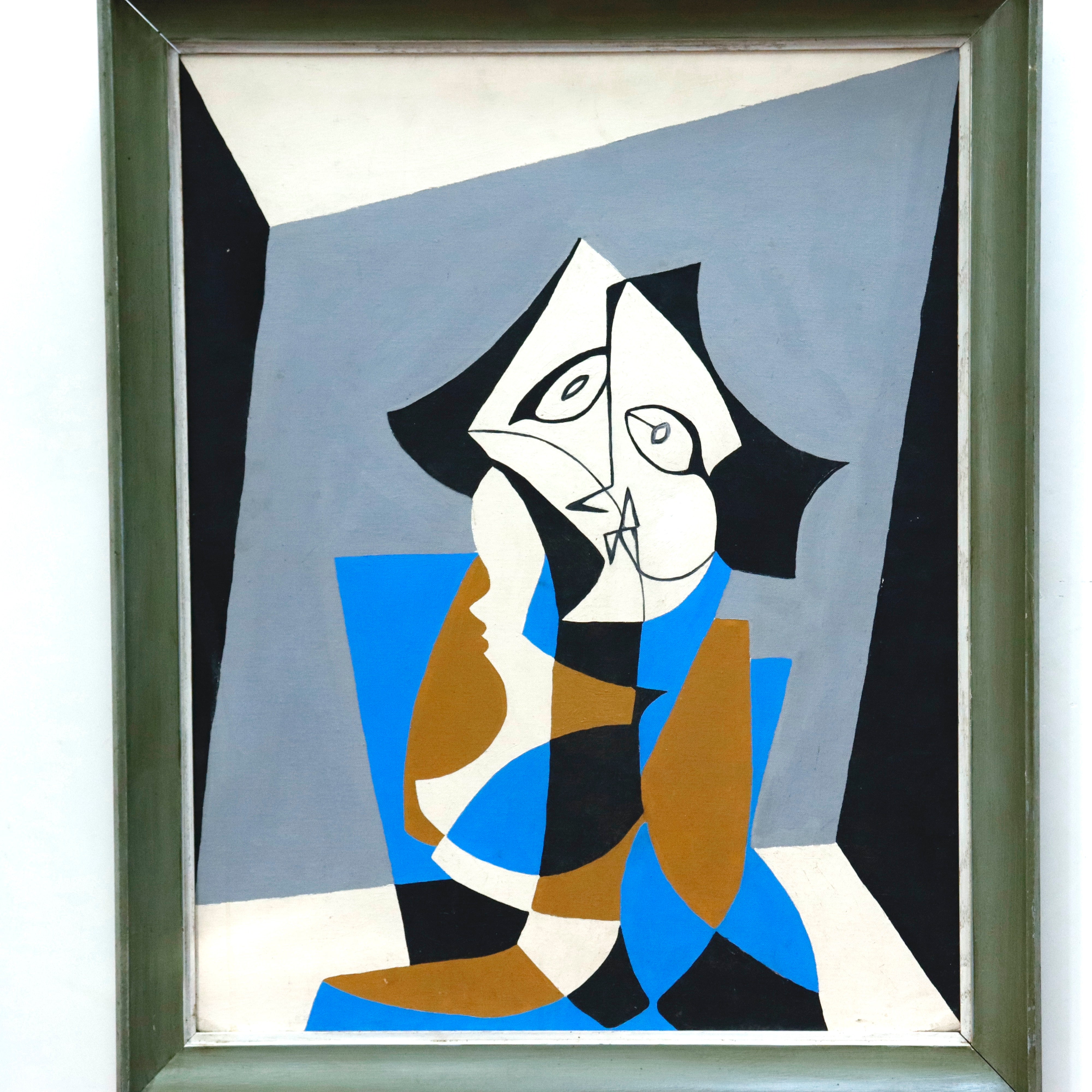 AW931: Cubist Figural Oil on Board Mid 20th Century Painting
