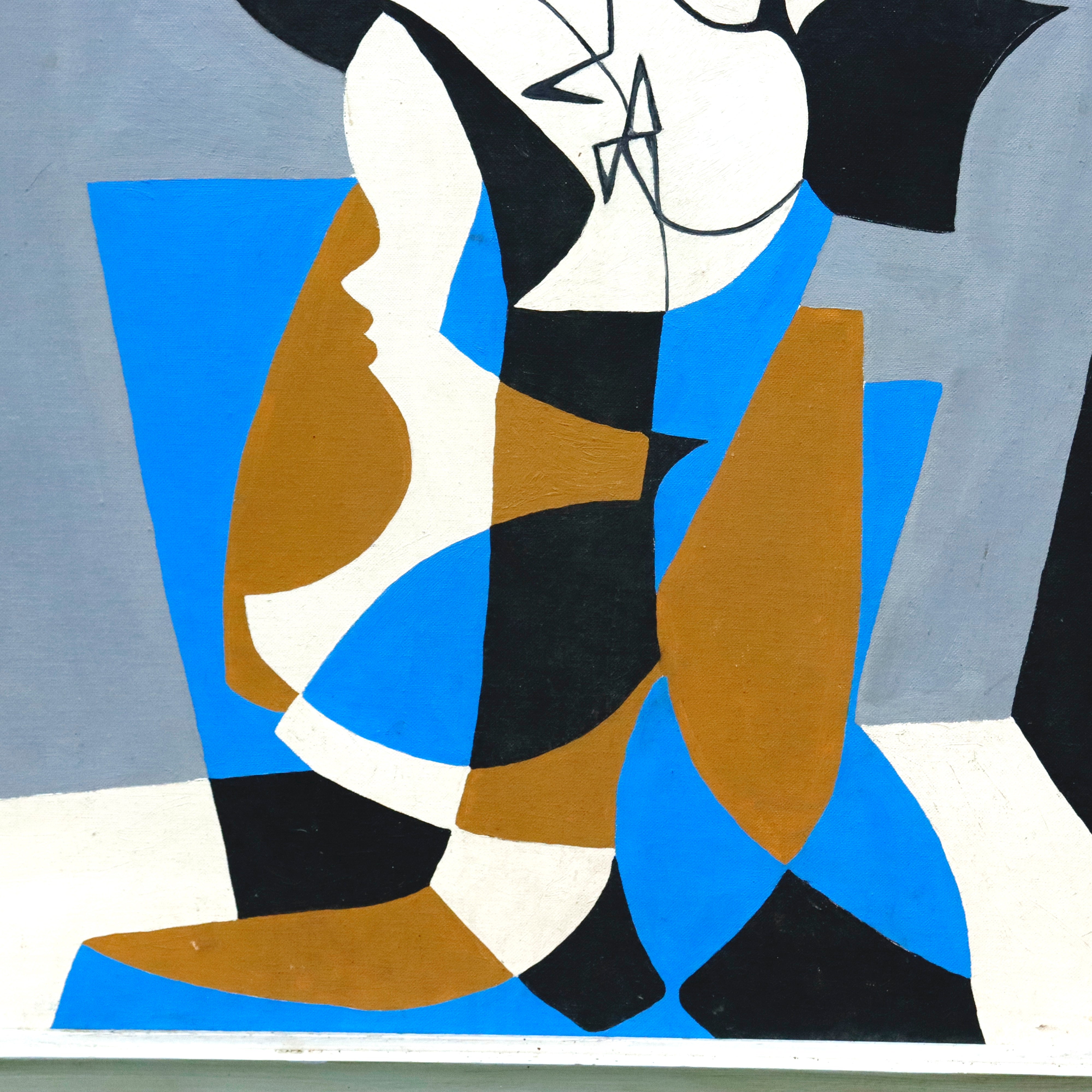 AW931: Cubist Figural Oil on Board Mid 20th Century Painting