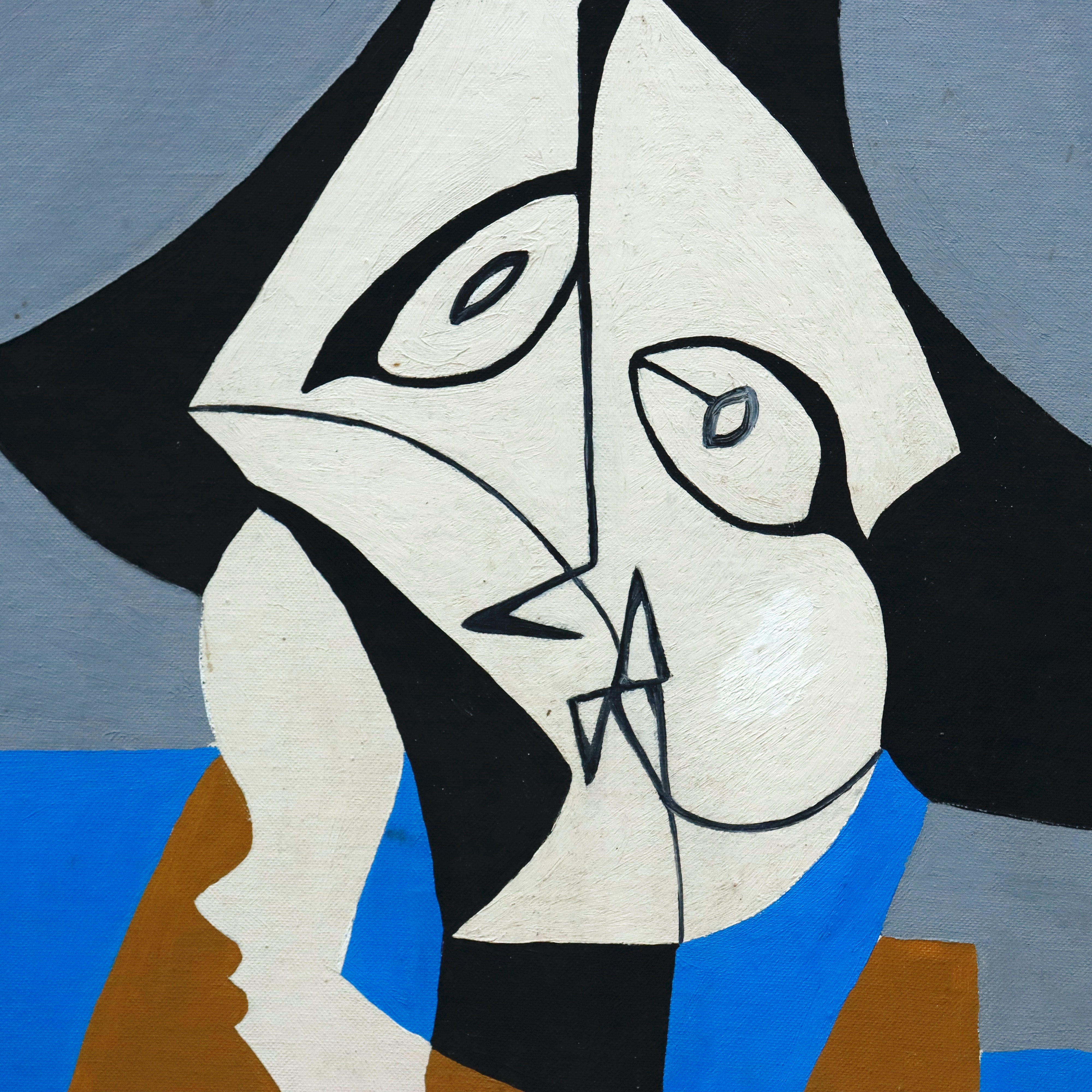 AW931: Cubist Figural Oil on Board Mid 20th Century Painting