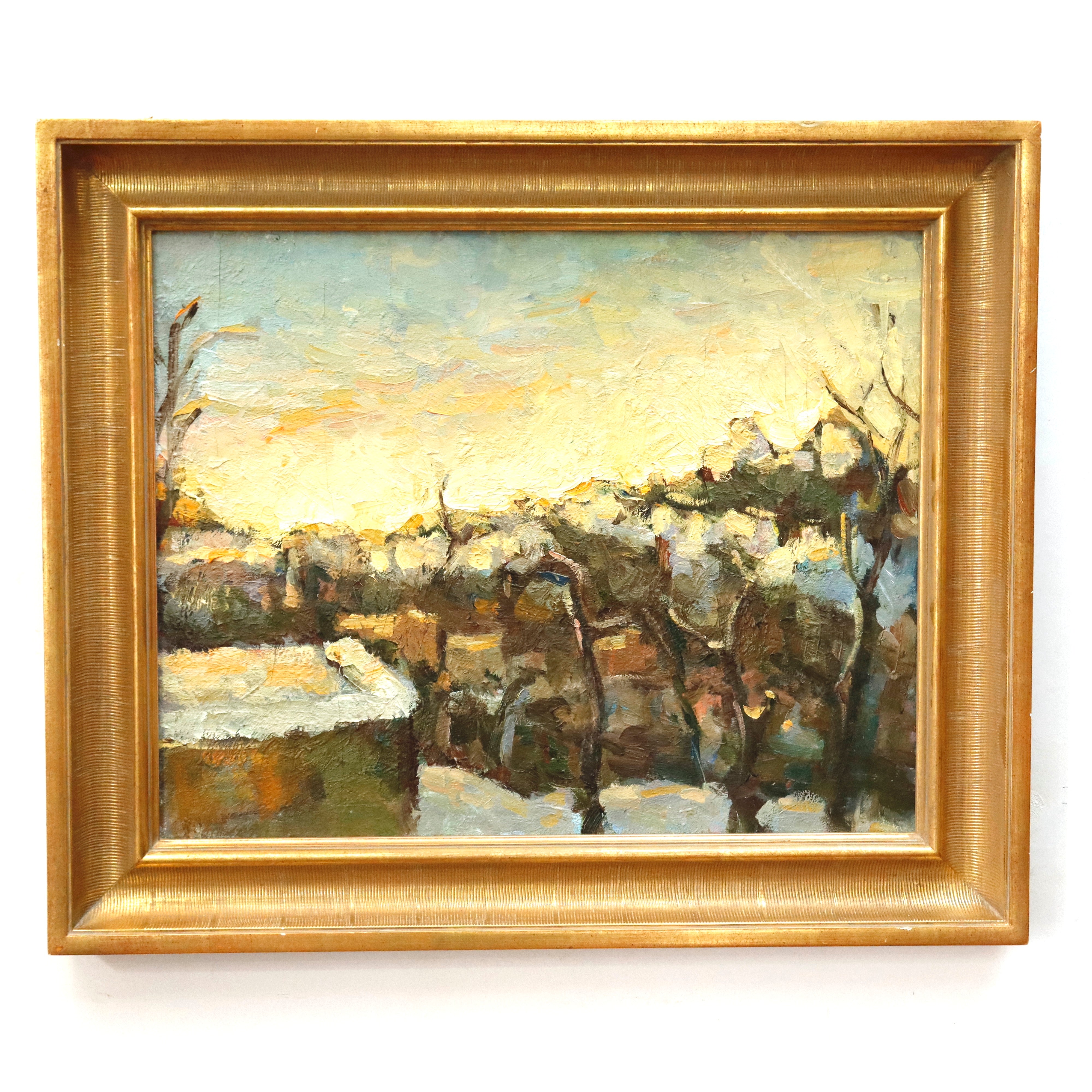AW932: Expressionist Landscape Oil on Canvas Painting Mid 20th Century