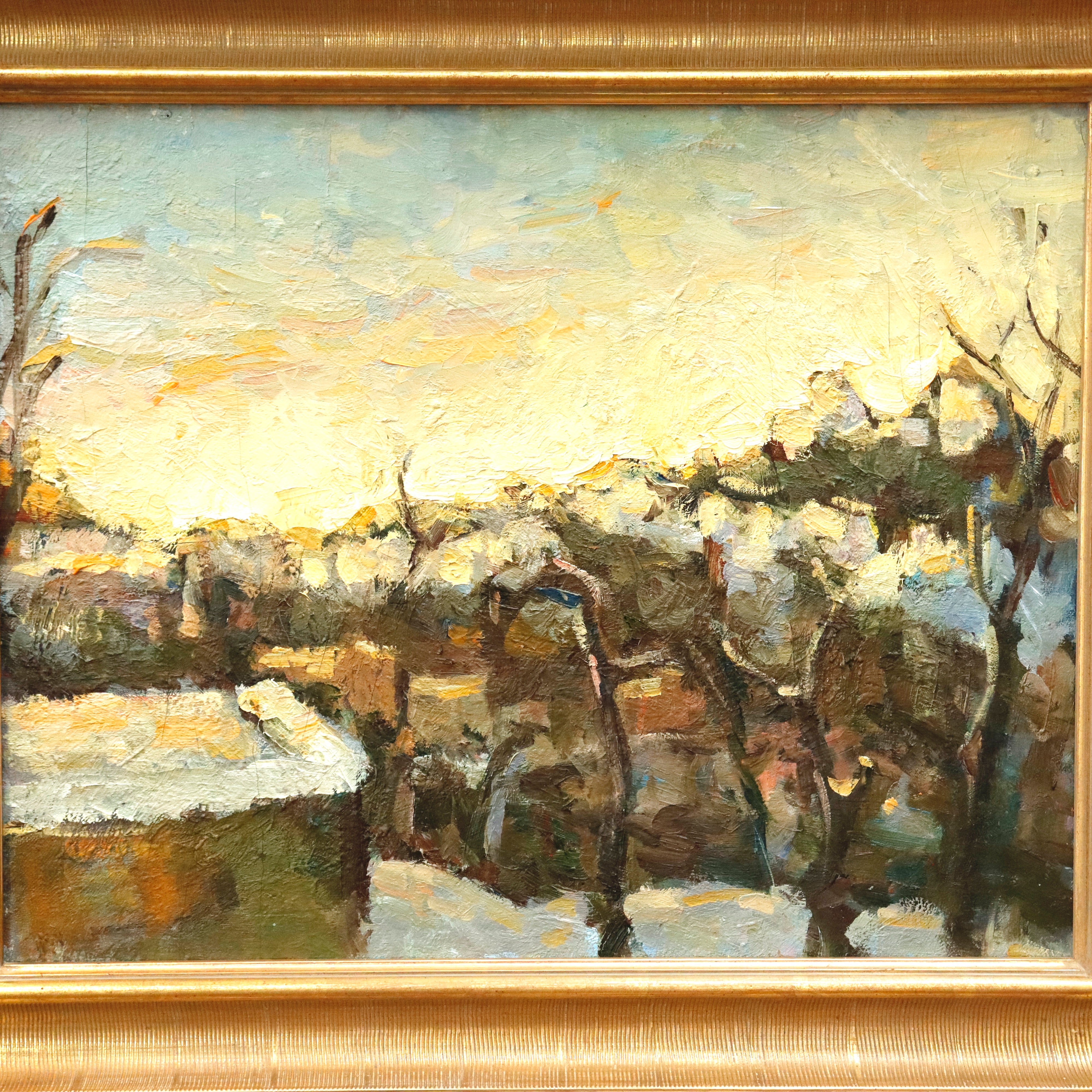AW932: Expressionist Landscape Oil on Canvas Painting Mid 20th Century