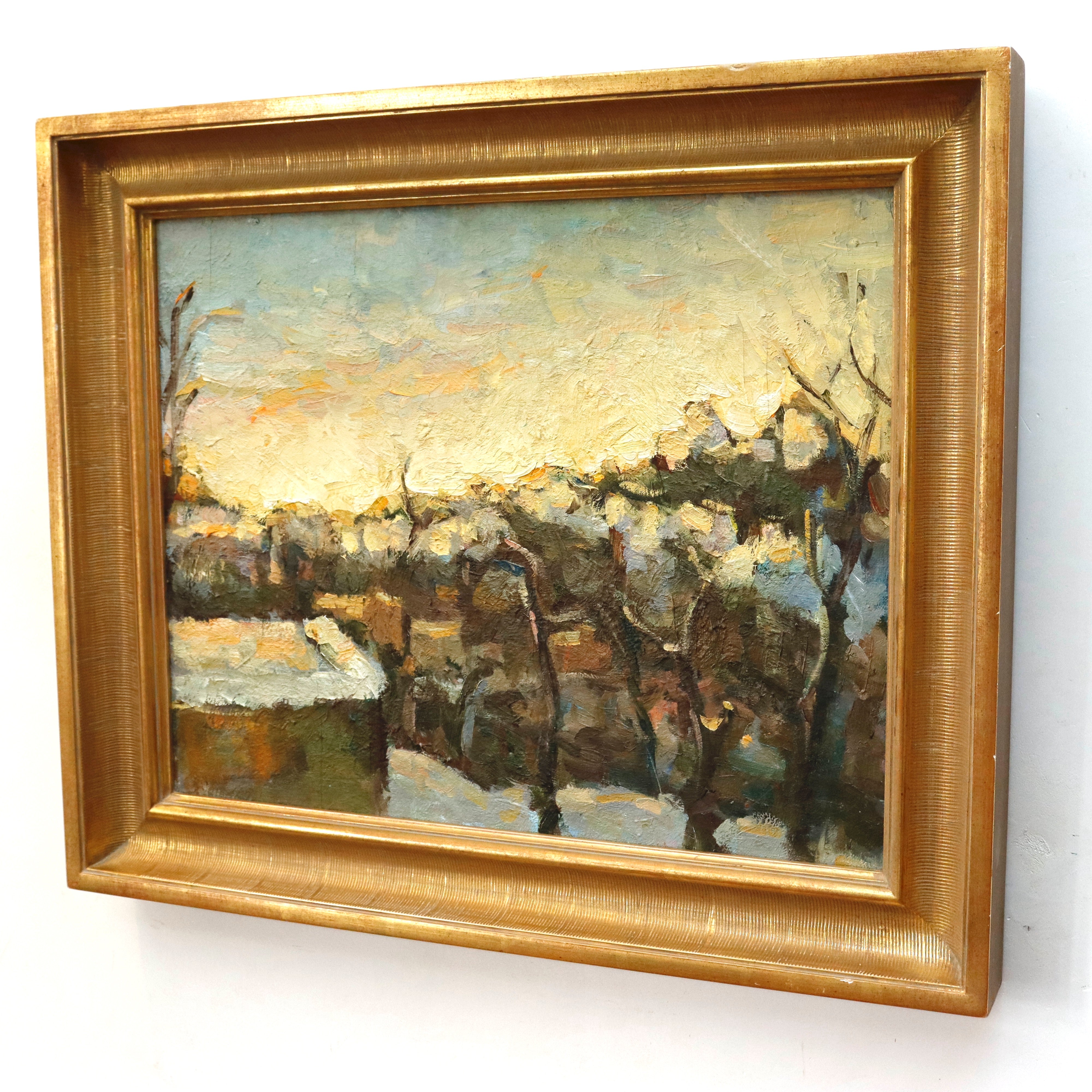 AW932: Expressionist Landscape Oil on Canvas Painting Mid 20th Century