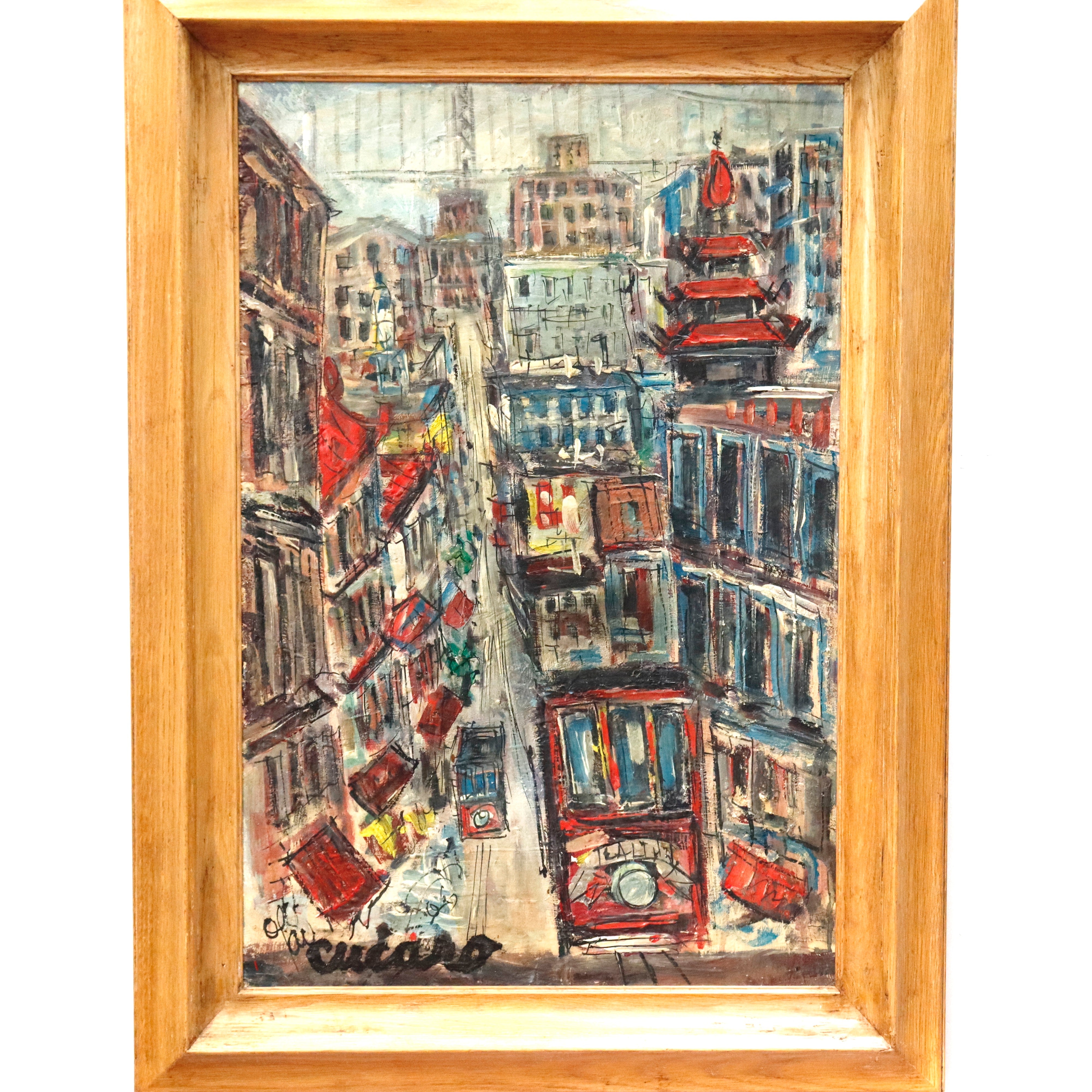 AW425: Pascal Cucaro San Francisco Street Scene Oil on Board Painting