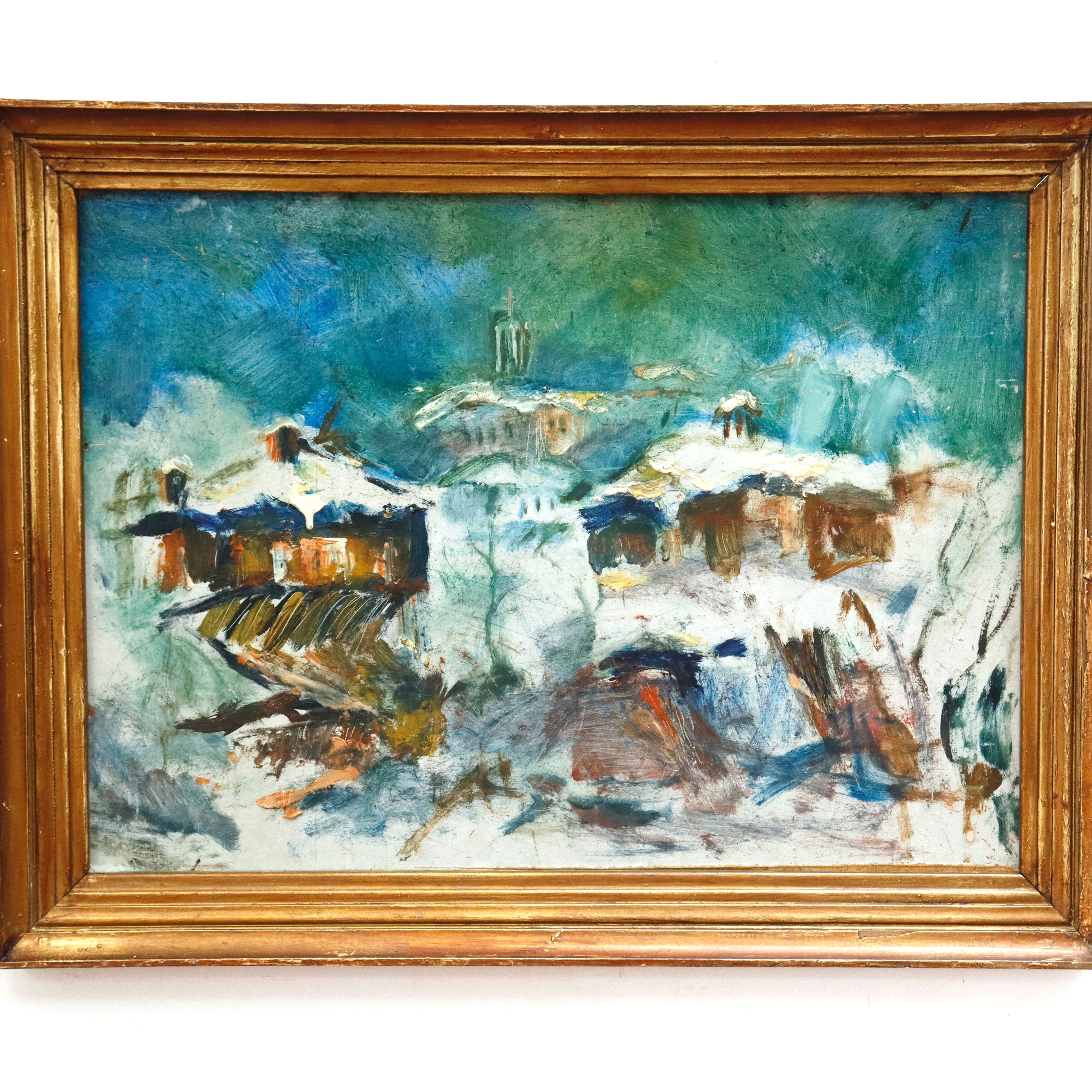 AW936: S. Serov Expressionist Landscape Masonite Board Painting Early 20th Century