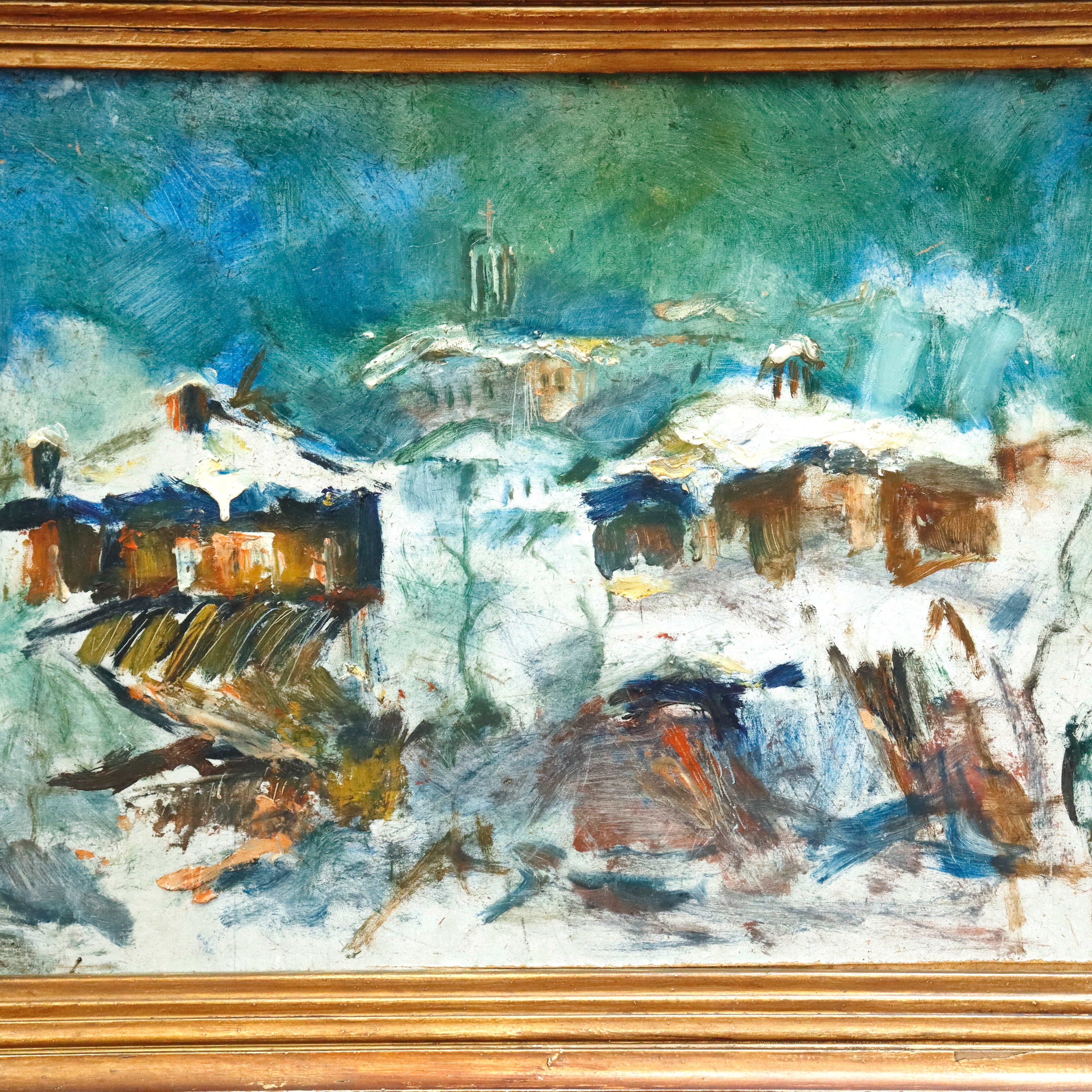AW936: S. Serov Expressionist Landscape Masonite Board Painting Early 20th Century