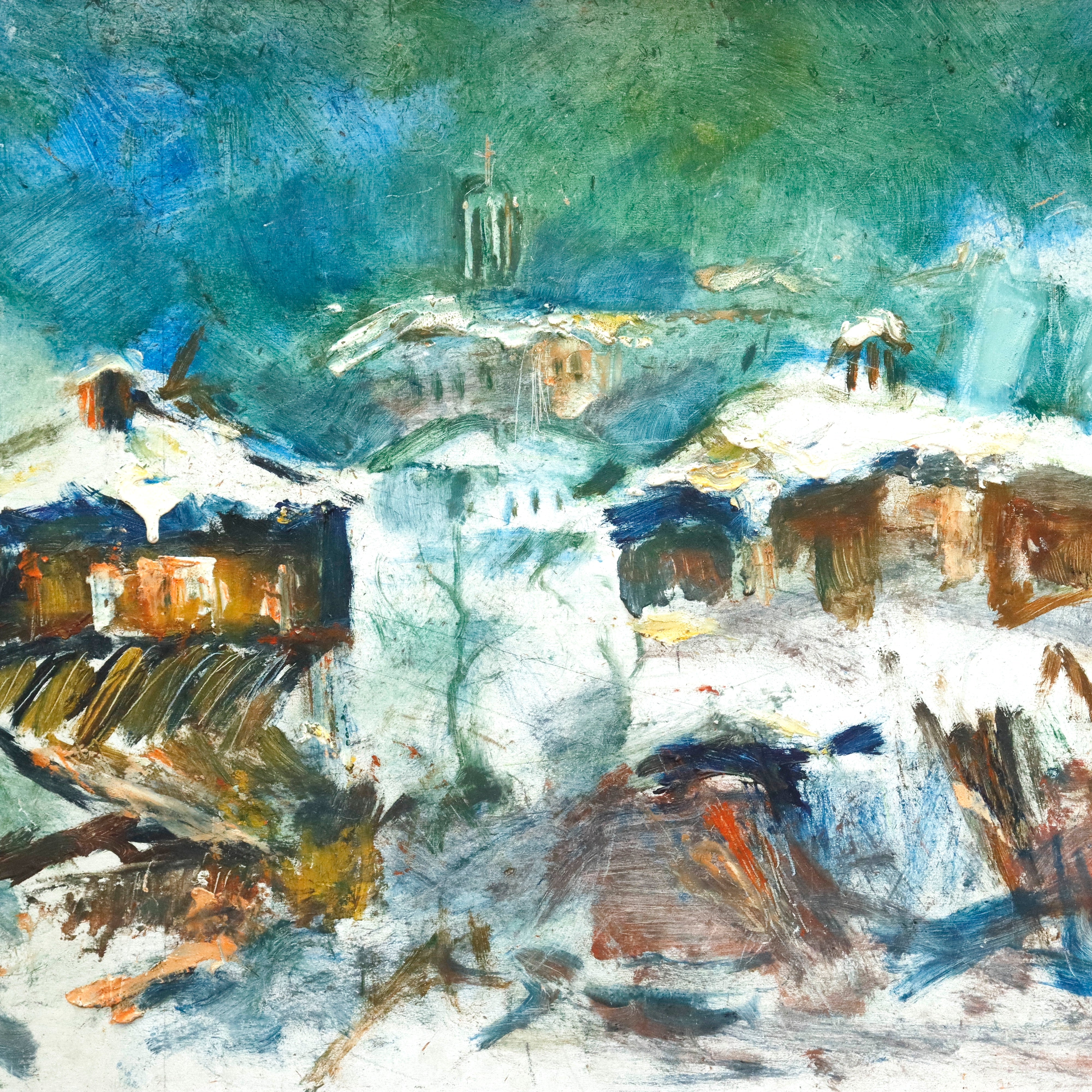 AW936: S. Serov Expressionist Landscape Masonite Board Painting Early 20th Century