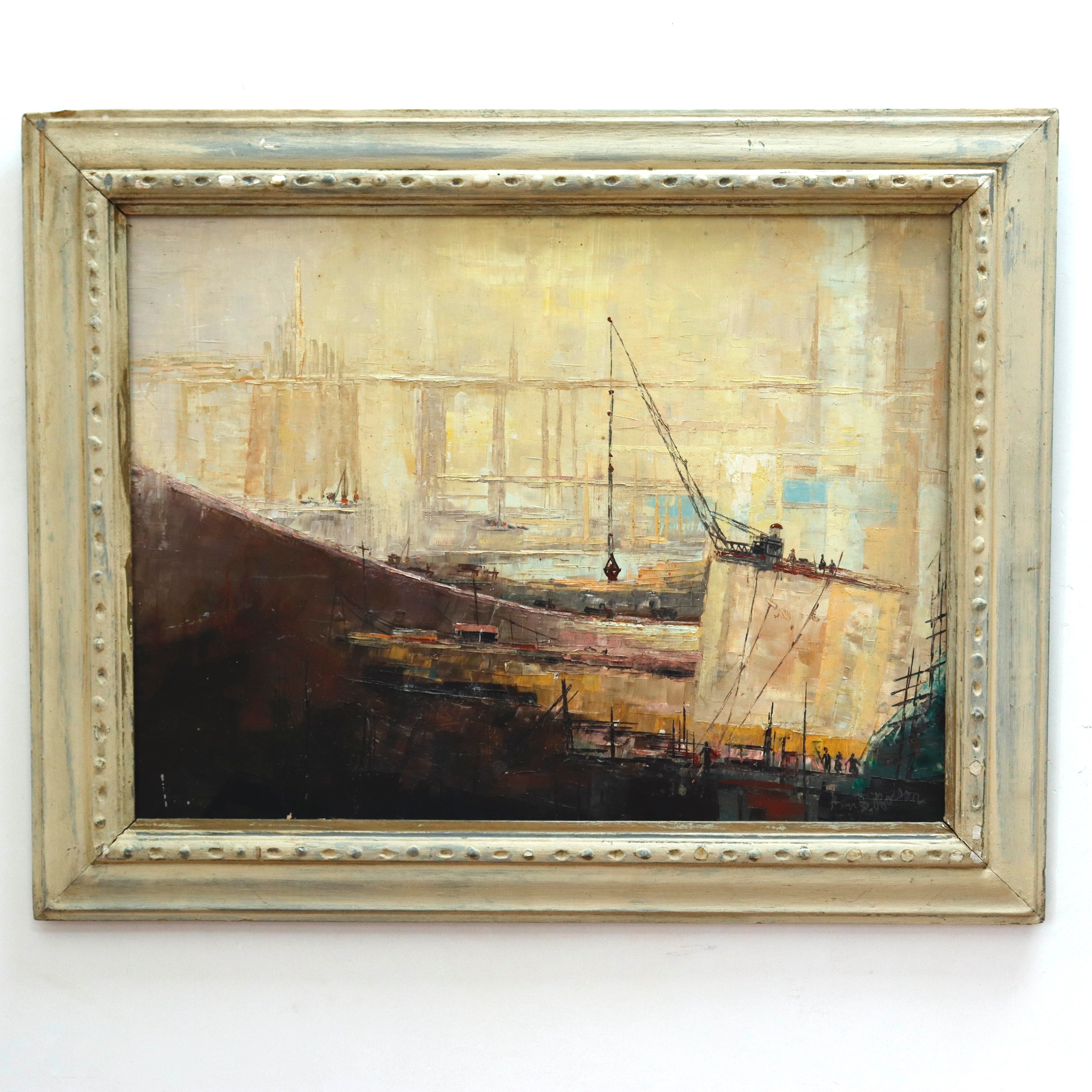 AW937: Alan D. Bolson Industrial Construction Oil on Masonite Board Painting Circa 1930's