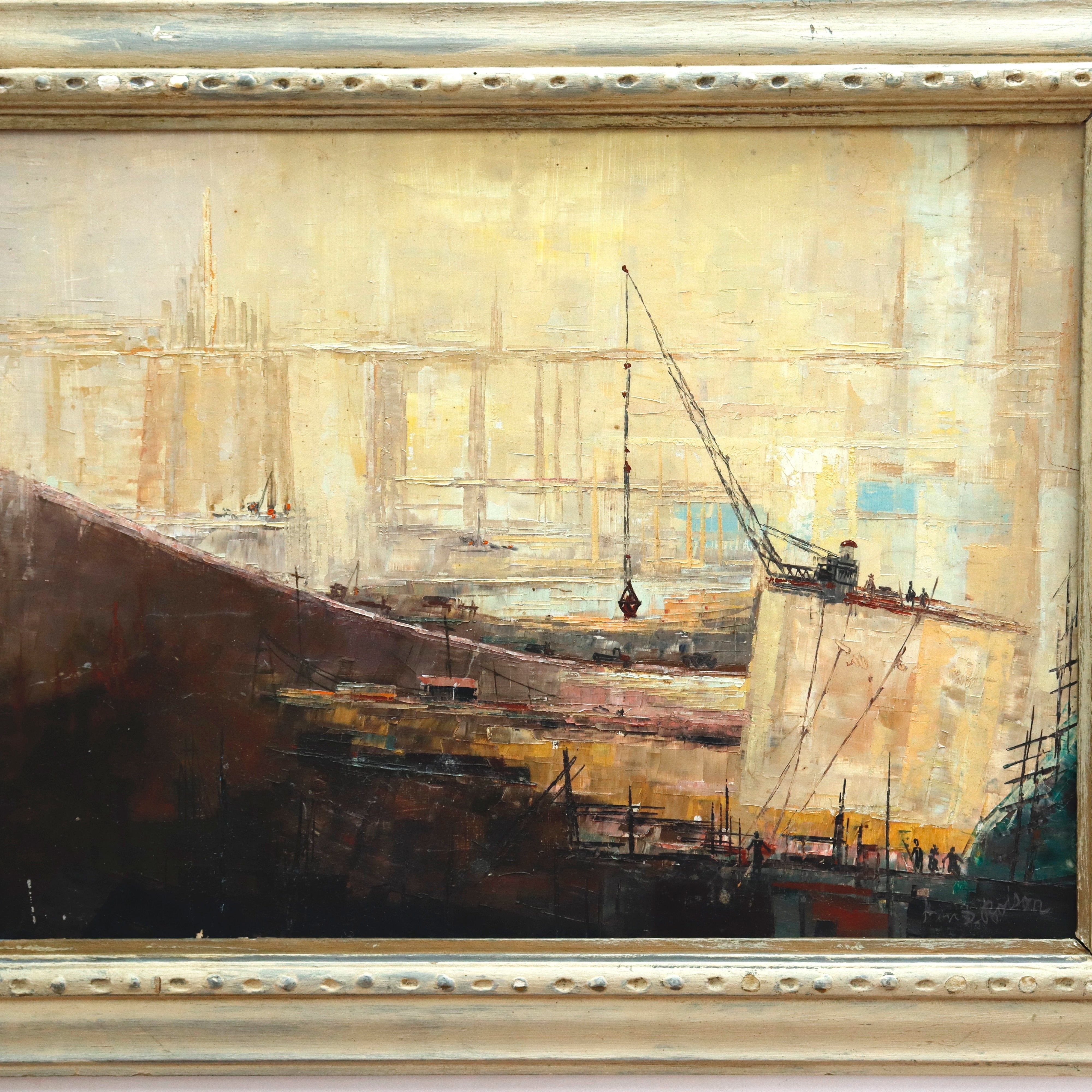 AW937: Alan D. Bolson Industrial Construction Oil on Masonite Board Painting Circa 1930's