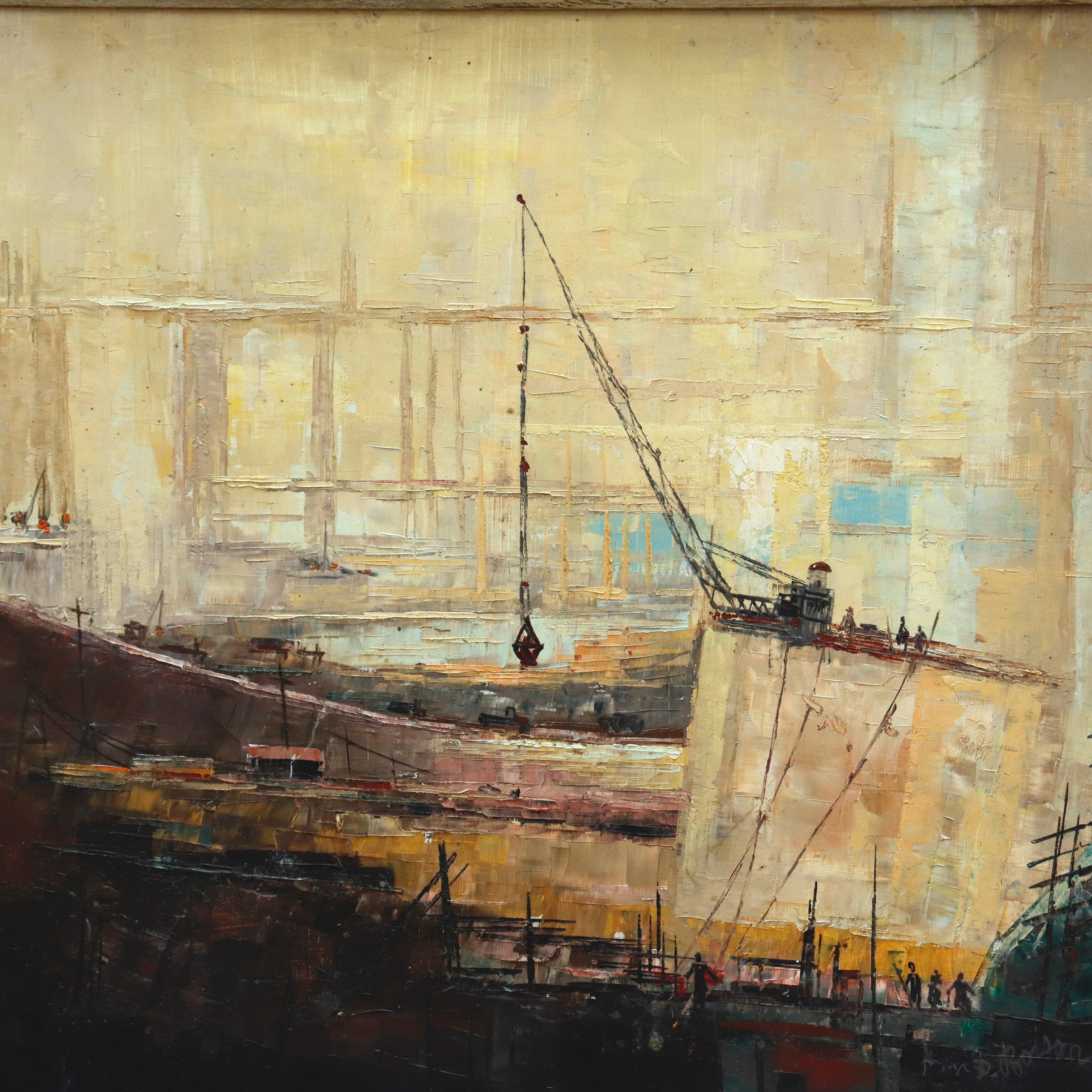 AW937: Alan D. Bolson Industrial Construction Oil on Masonite Board Painting Circa 1930's