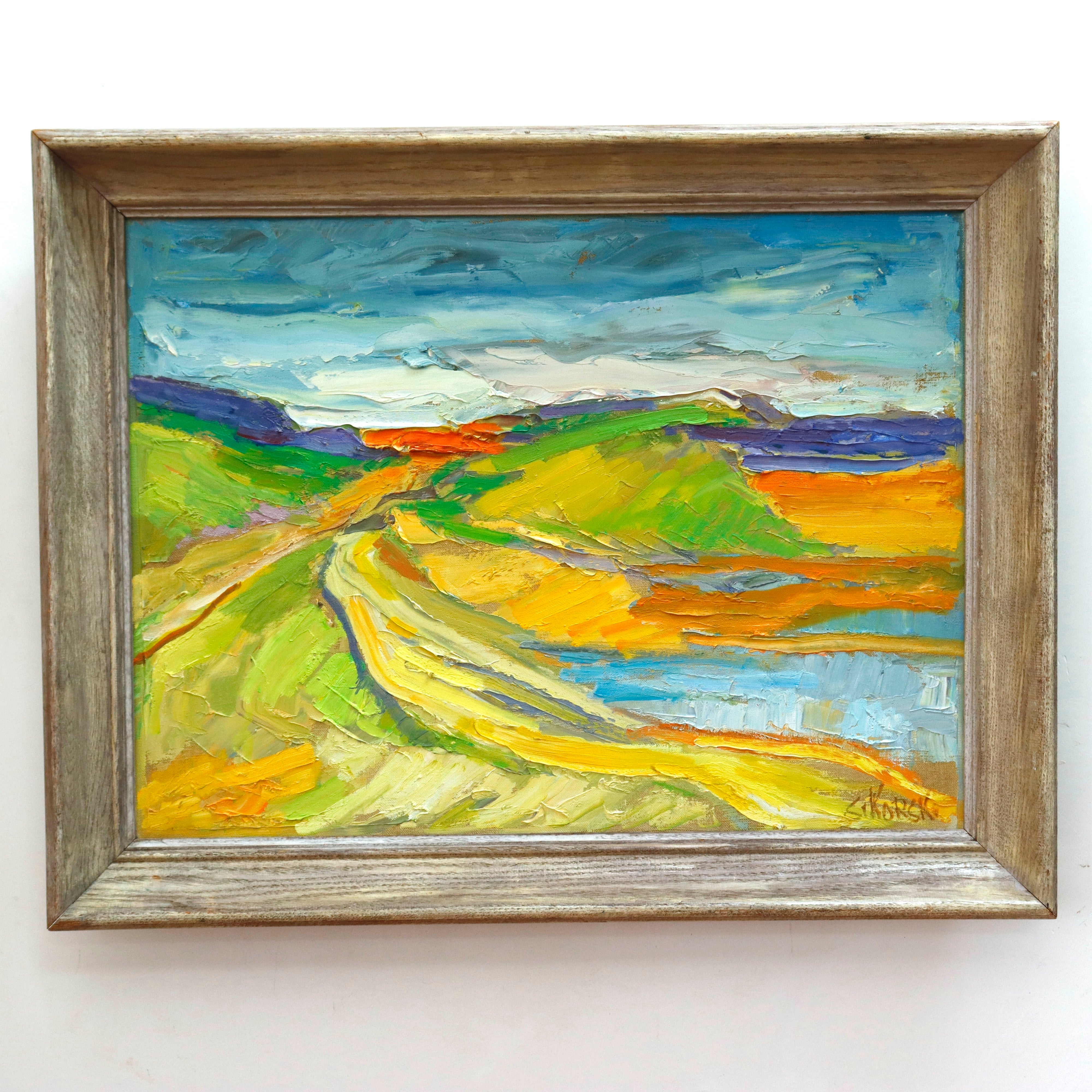 AW939: Eva Sikorski Abstract Landscape Oil on Canvas Painting Late 20th Century