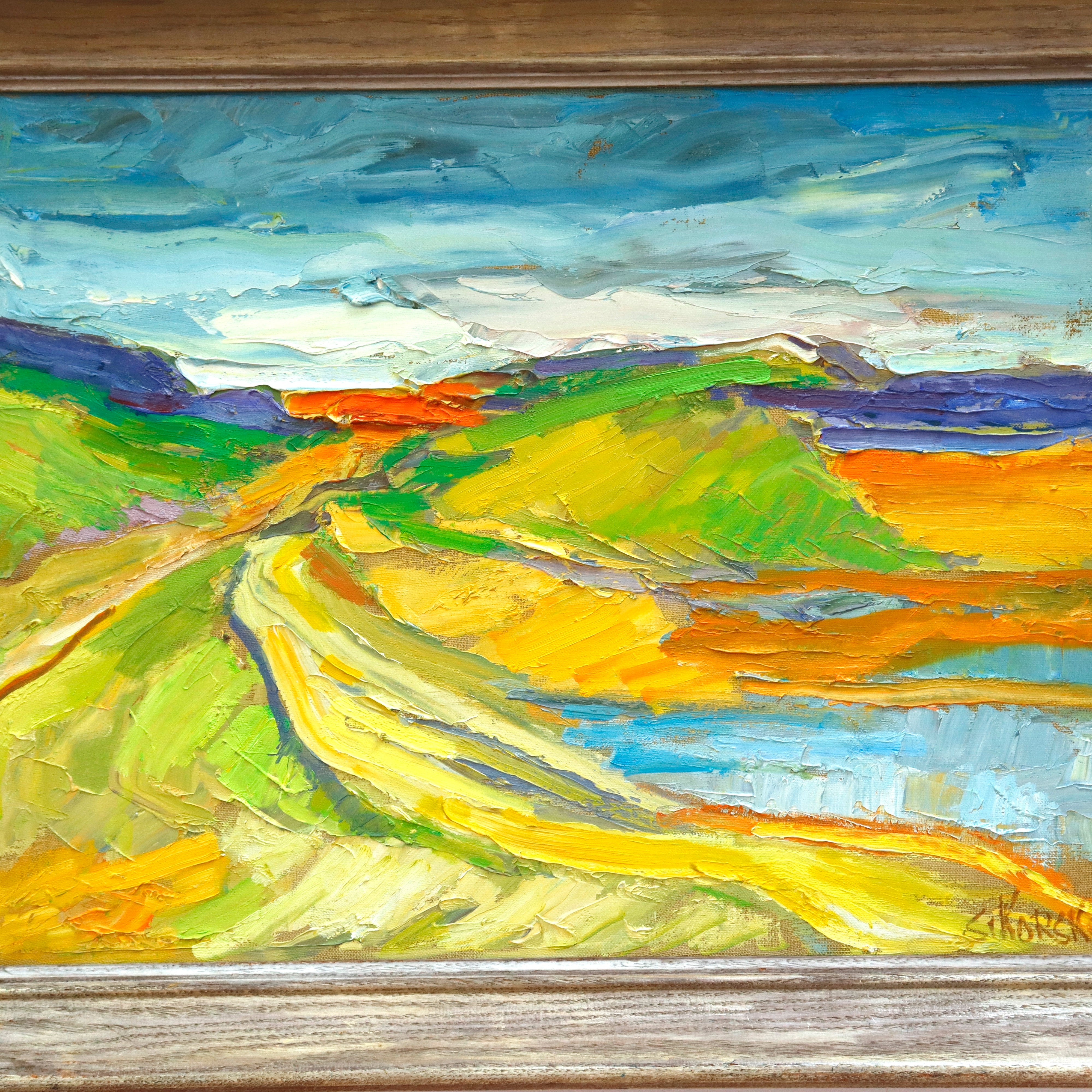 AW939: Eva Sikorski Abstract Landscape Oil on Canvas Painting Late 20th Century