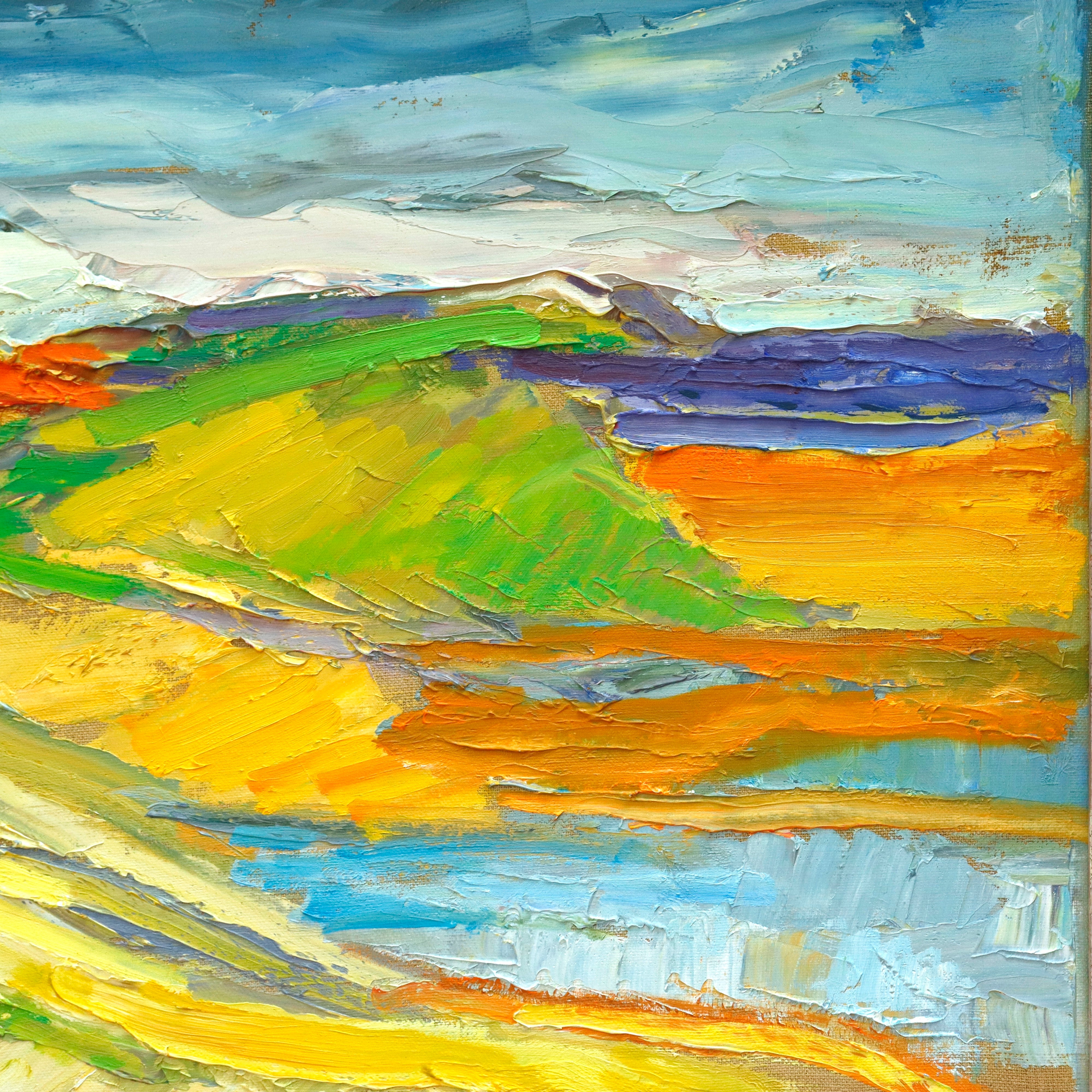 AW939: Eva Sikorski Abstract Landscape Oil on Canvas Painting Late 20th Century