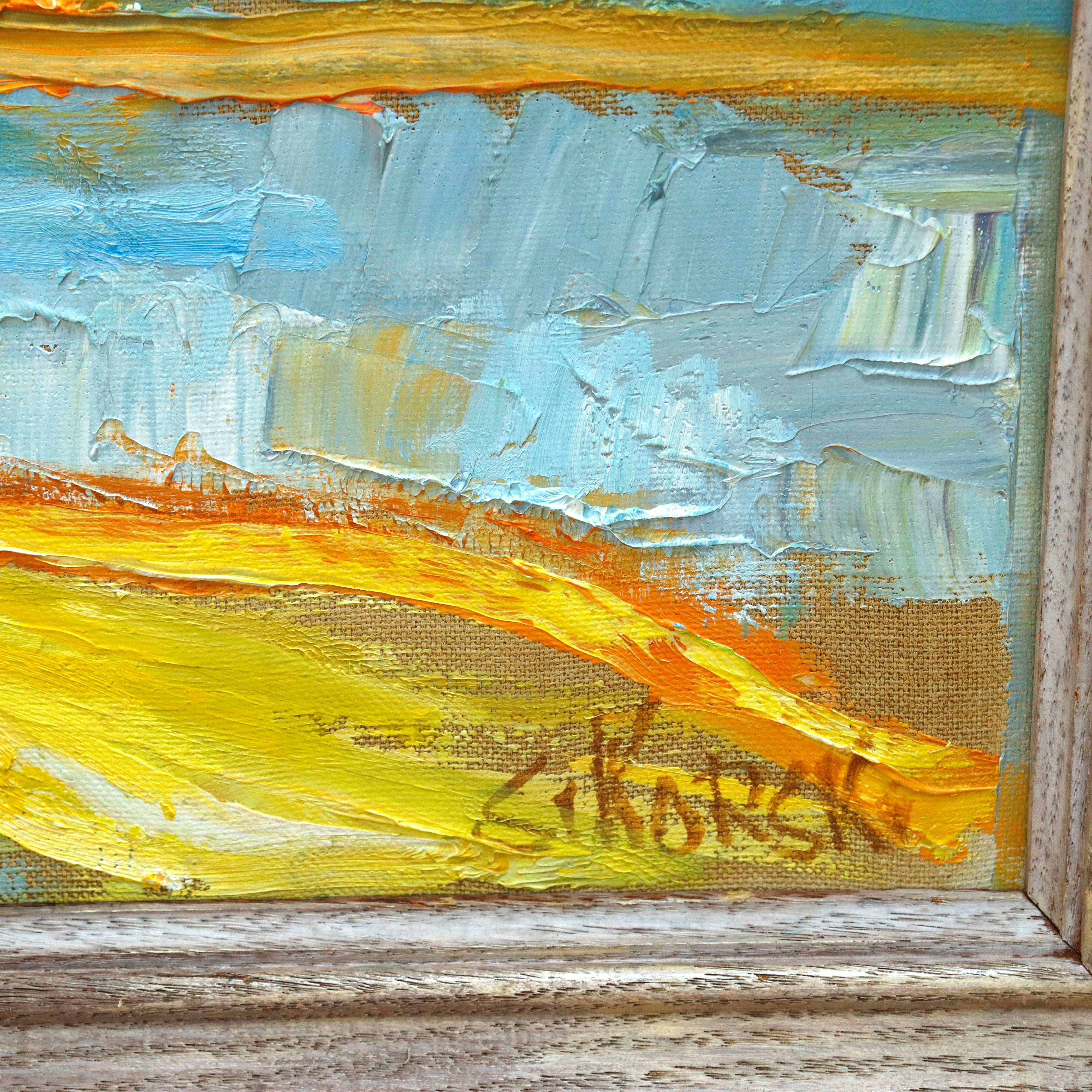 AW939: Eva Sikorski Abstract Landscape Oil on Canvas Painting Late 20th Century