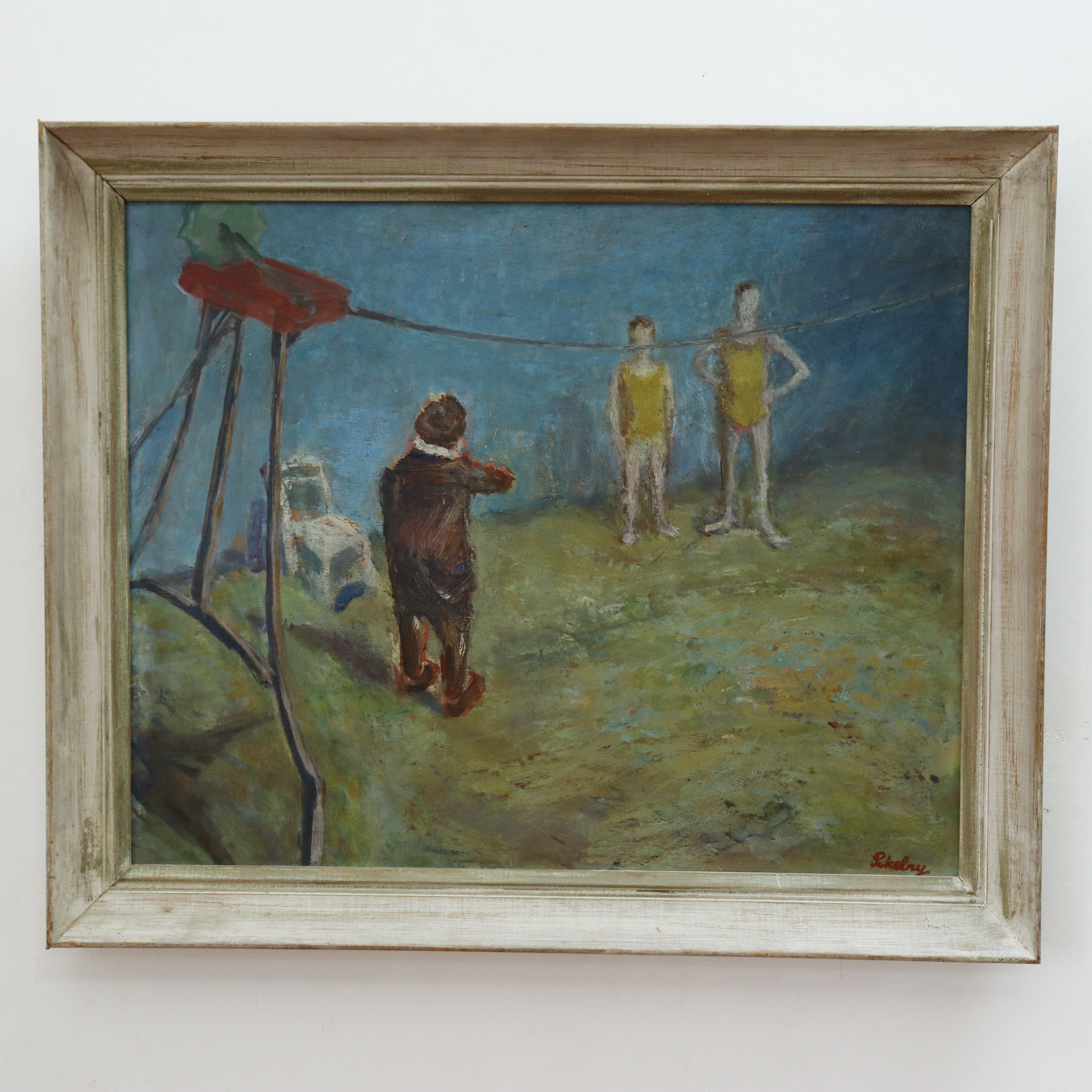 AW776: Robert Pikelny "Tight Rope" Modernist Oil on Board Early 20th Century