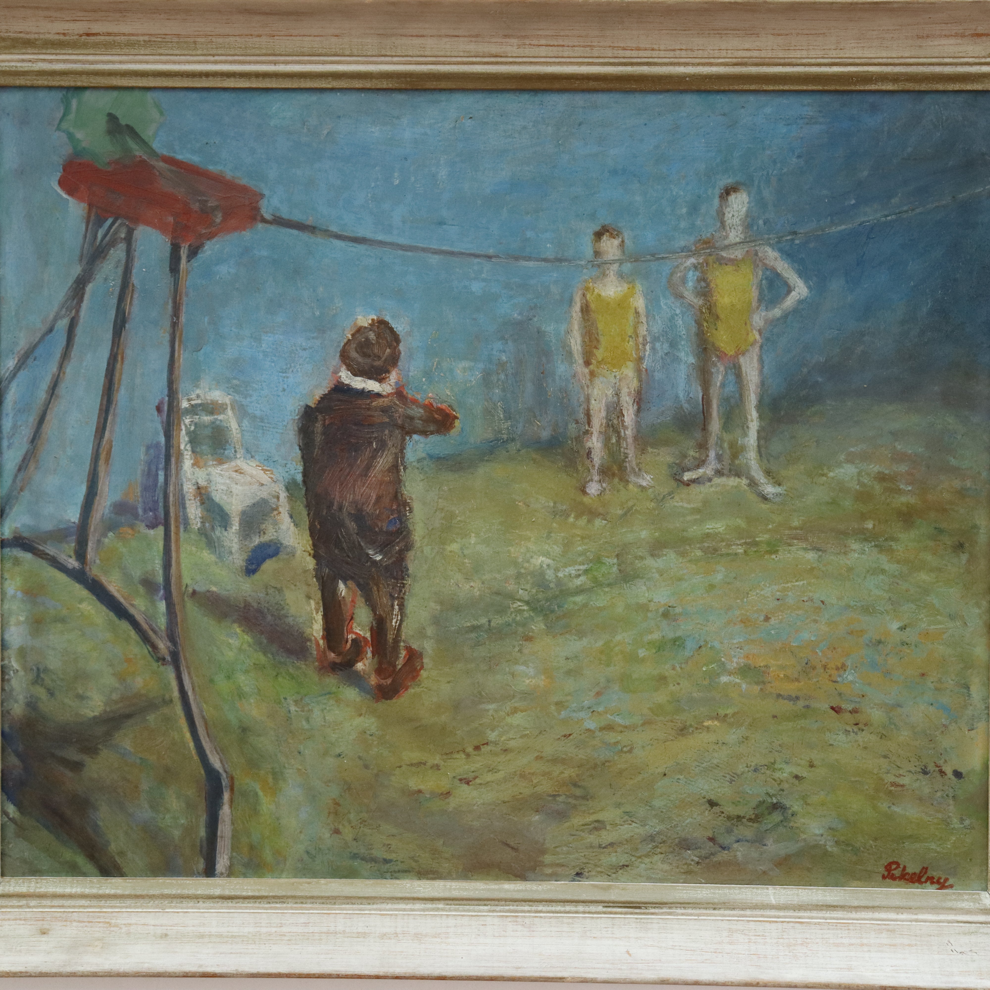AW776: Robert Pikelny "Tight Rope" Modernist Oil on Board Early 20th Century