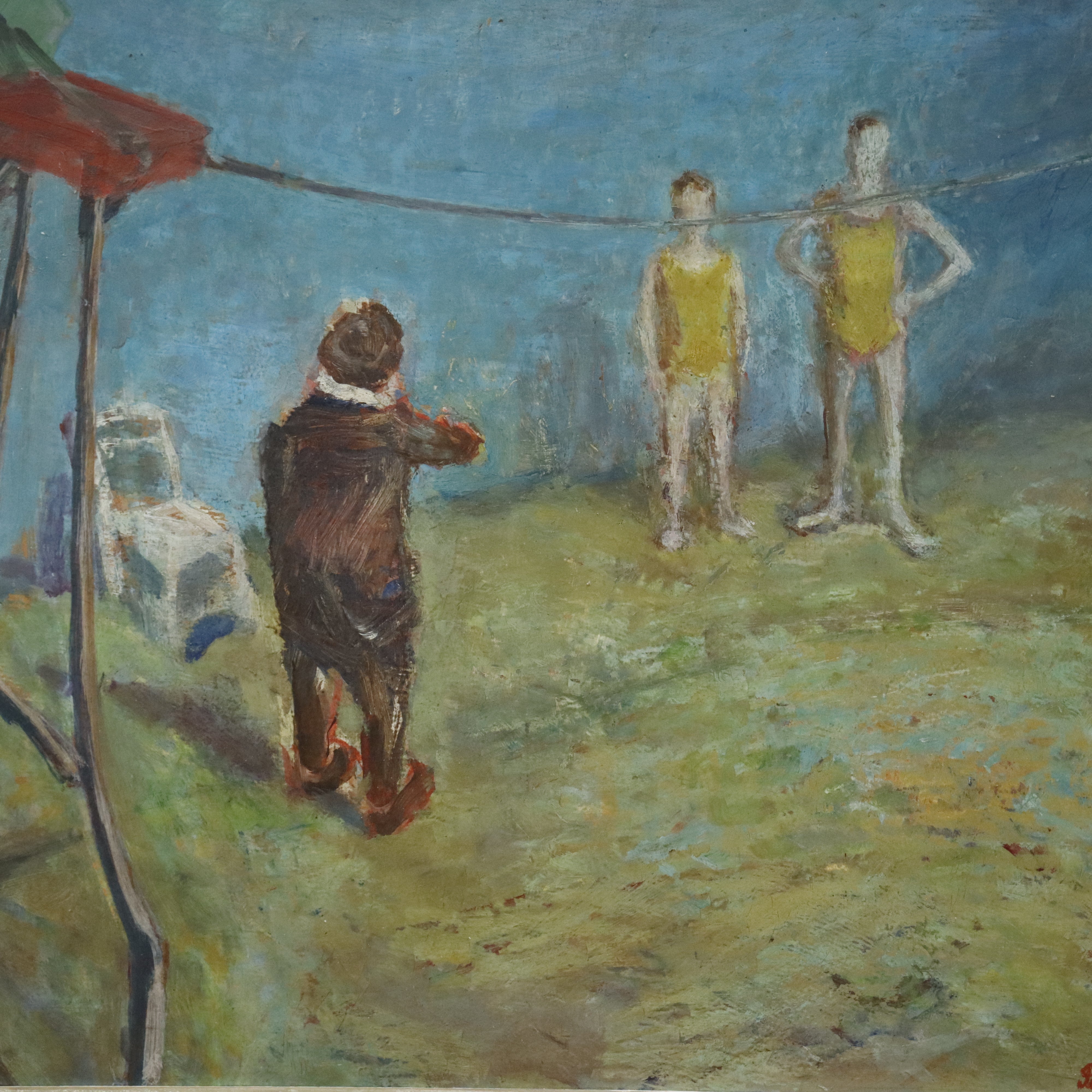 AW776: Robert Pikelny "Tight Rope" Modernist Oil on Board Early 20th Century