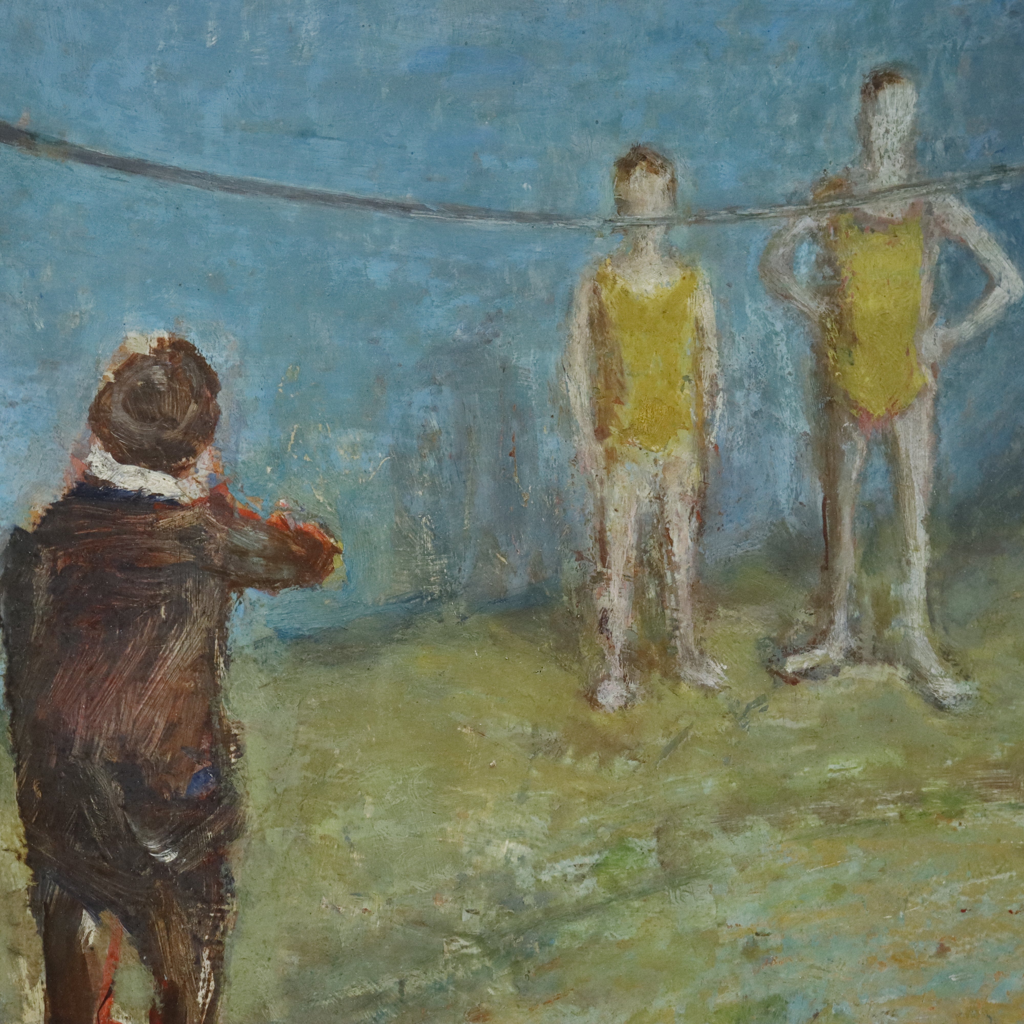 AW776: Robert Pikelny "Tight Rope" Modernist Oil on Board Early 20th Century