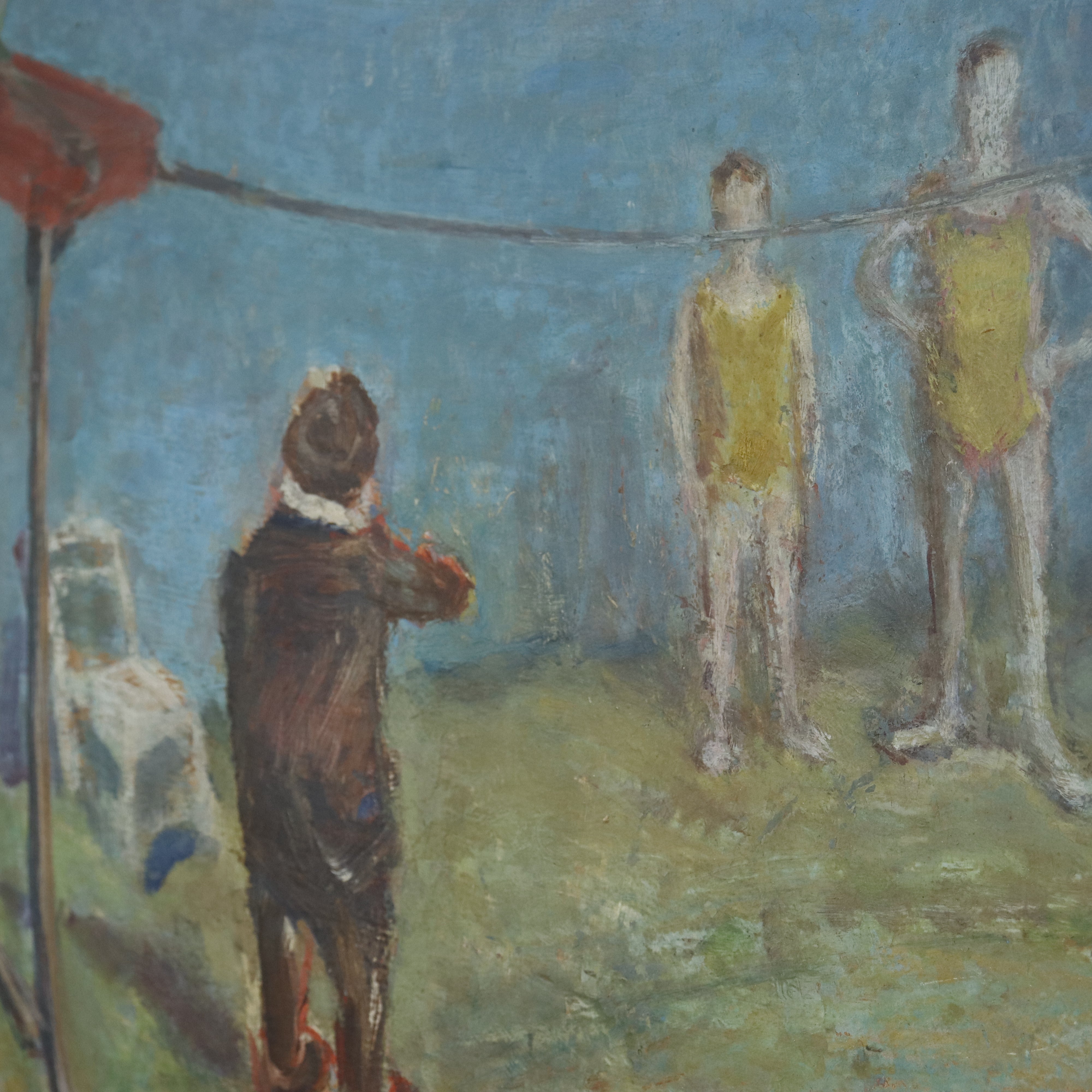 AW776: Robert Pikelny "Tight Rope" Modernist Oil on Board Early 20th Century