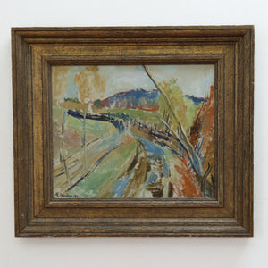 AW941: Randi Strom Country Road Landscape Expressionist Oil on Masonite Painting Circa 1945