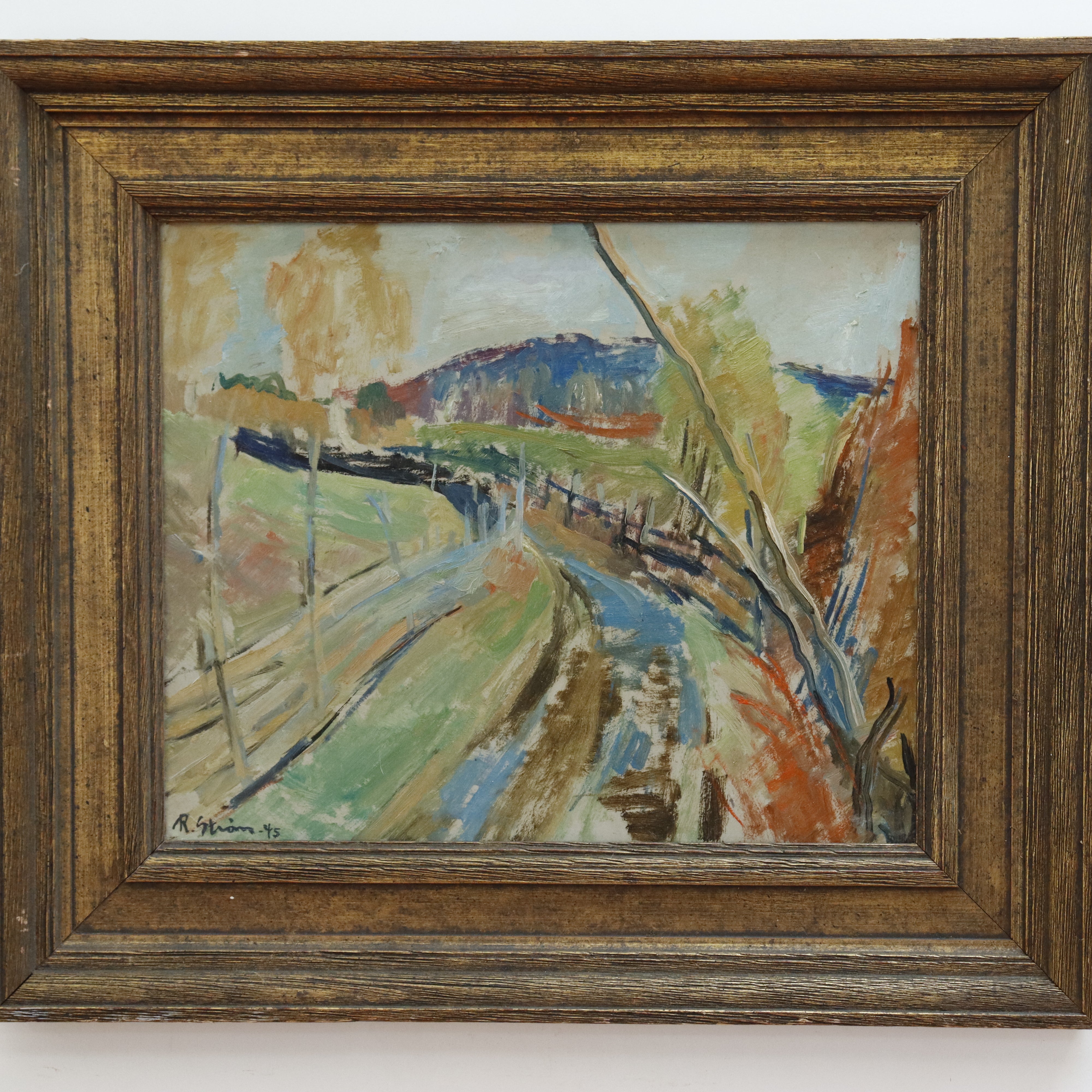 AW941: Randi Strom Country Road Landscape Expressionist Oil on Masonite Painting Circa 1945