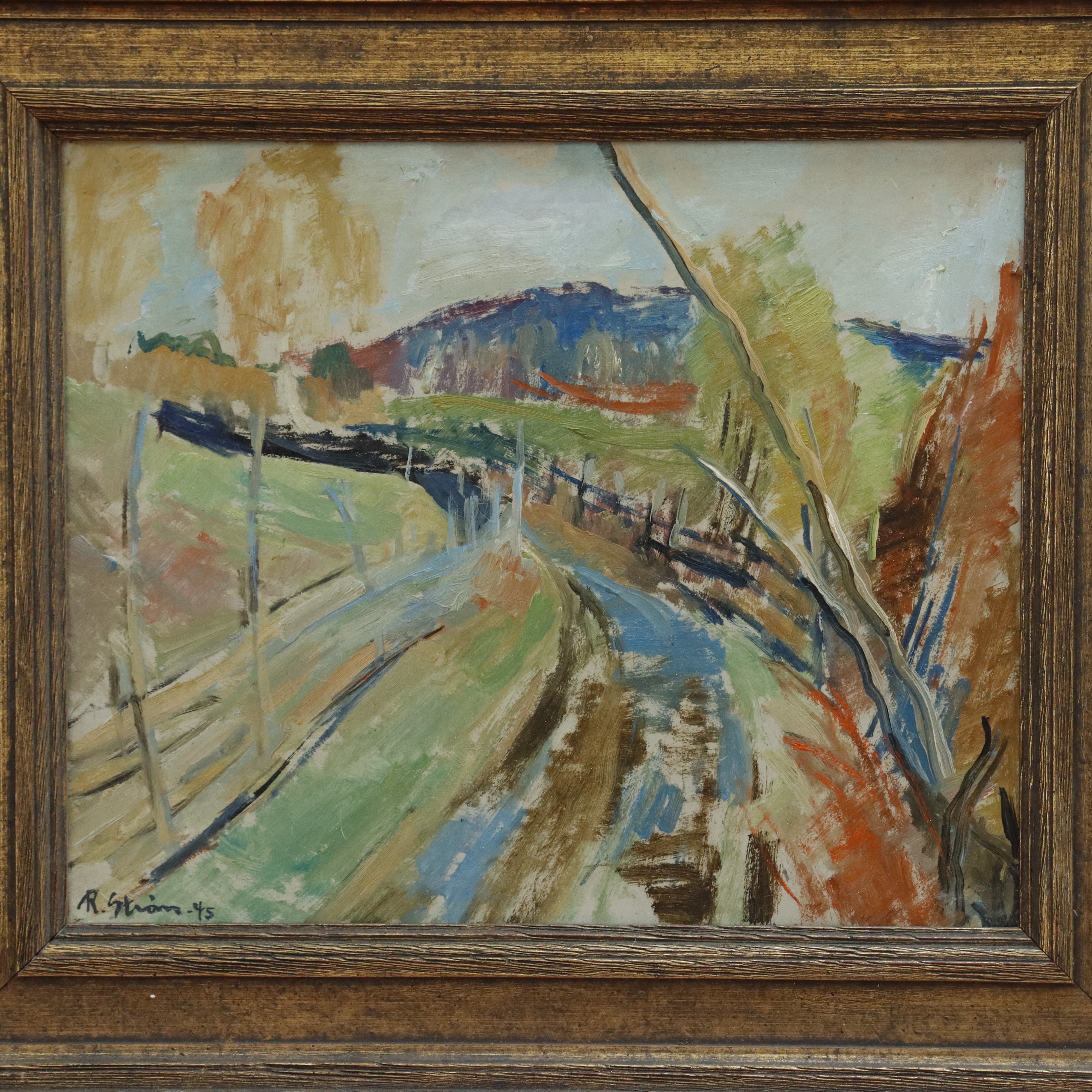 AW941: Randi Strom Country Road Landscape Expressionist Oil on Masonite Painting Circa 1945