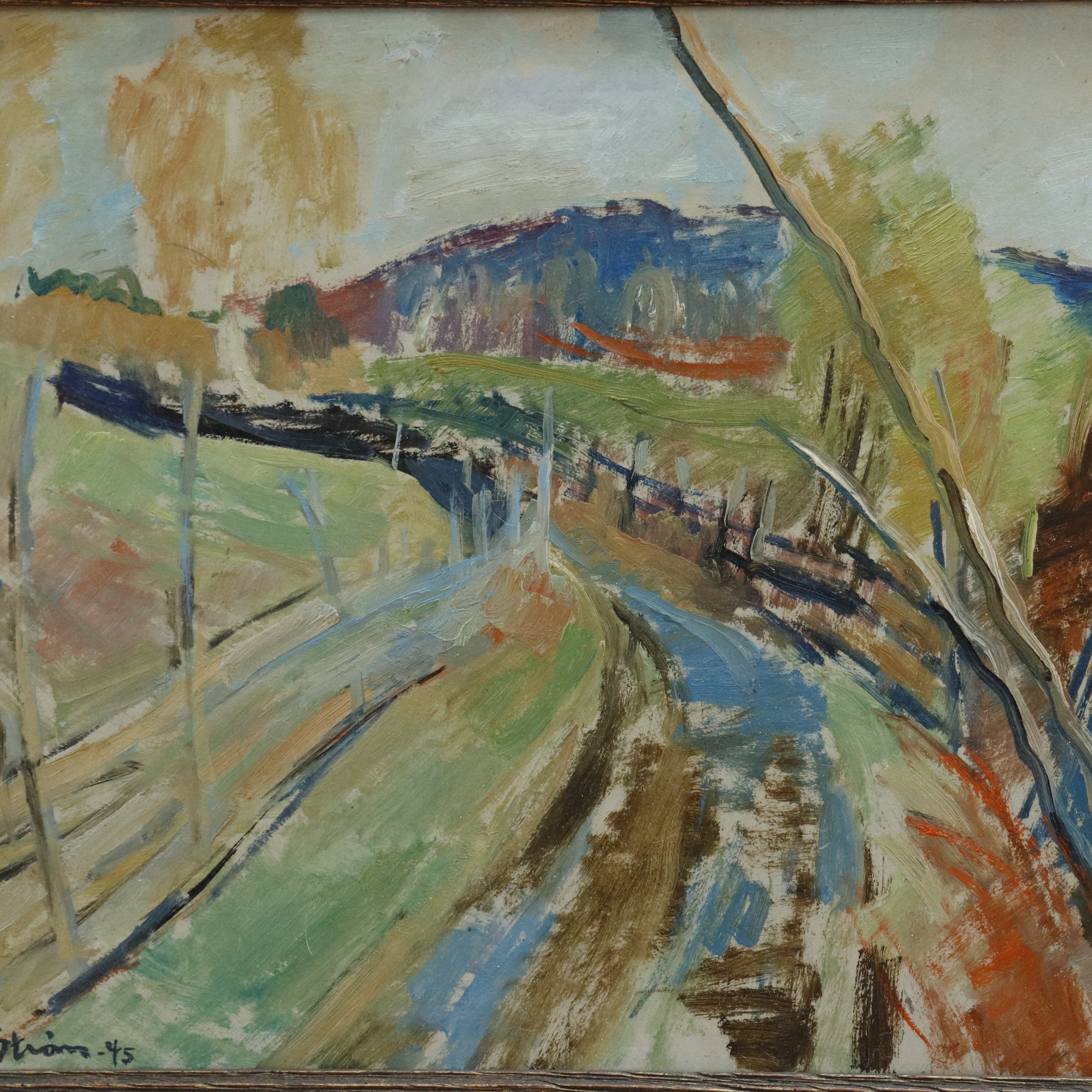 AW941: Randi Strom Country Road Landscape Expressionist Oil on Masonite Painting Circa 1945