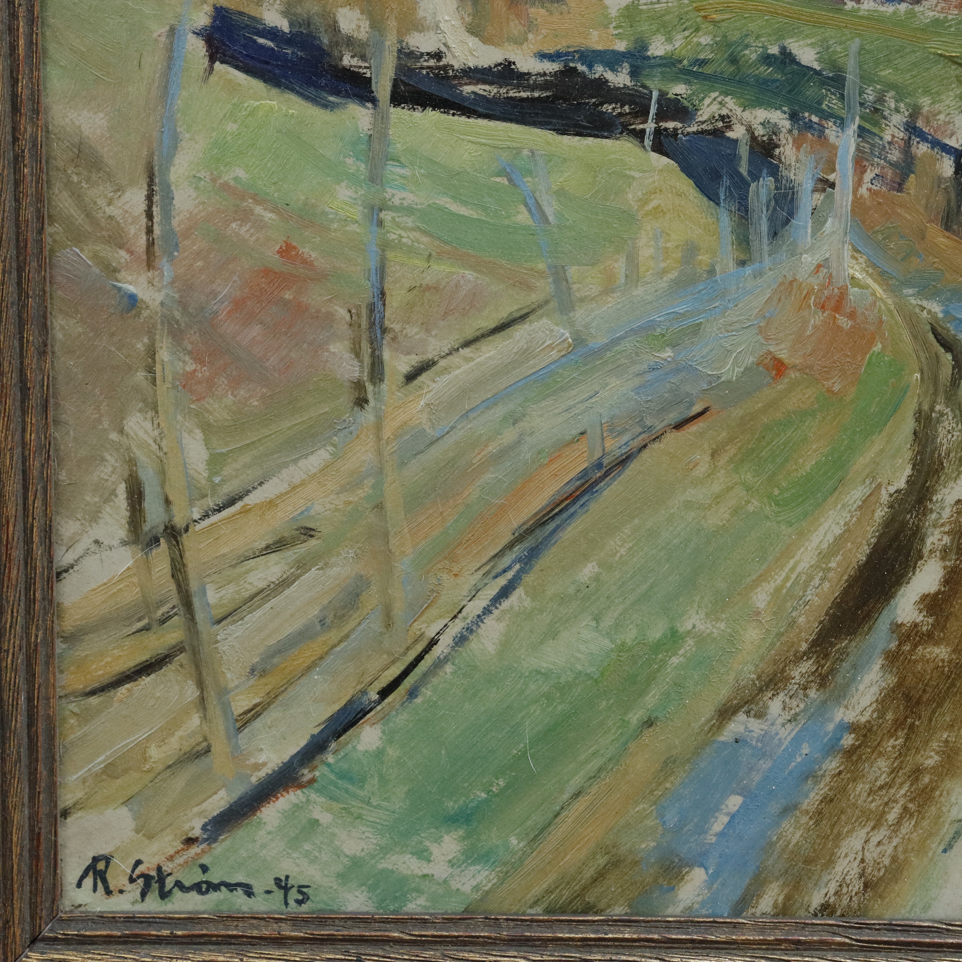 AW941: Randi Strom Country Road Landscape Expressionist Oil on Masonite Painting Circa 1945