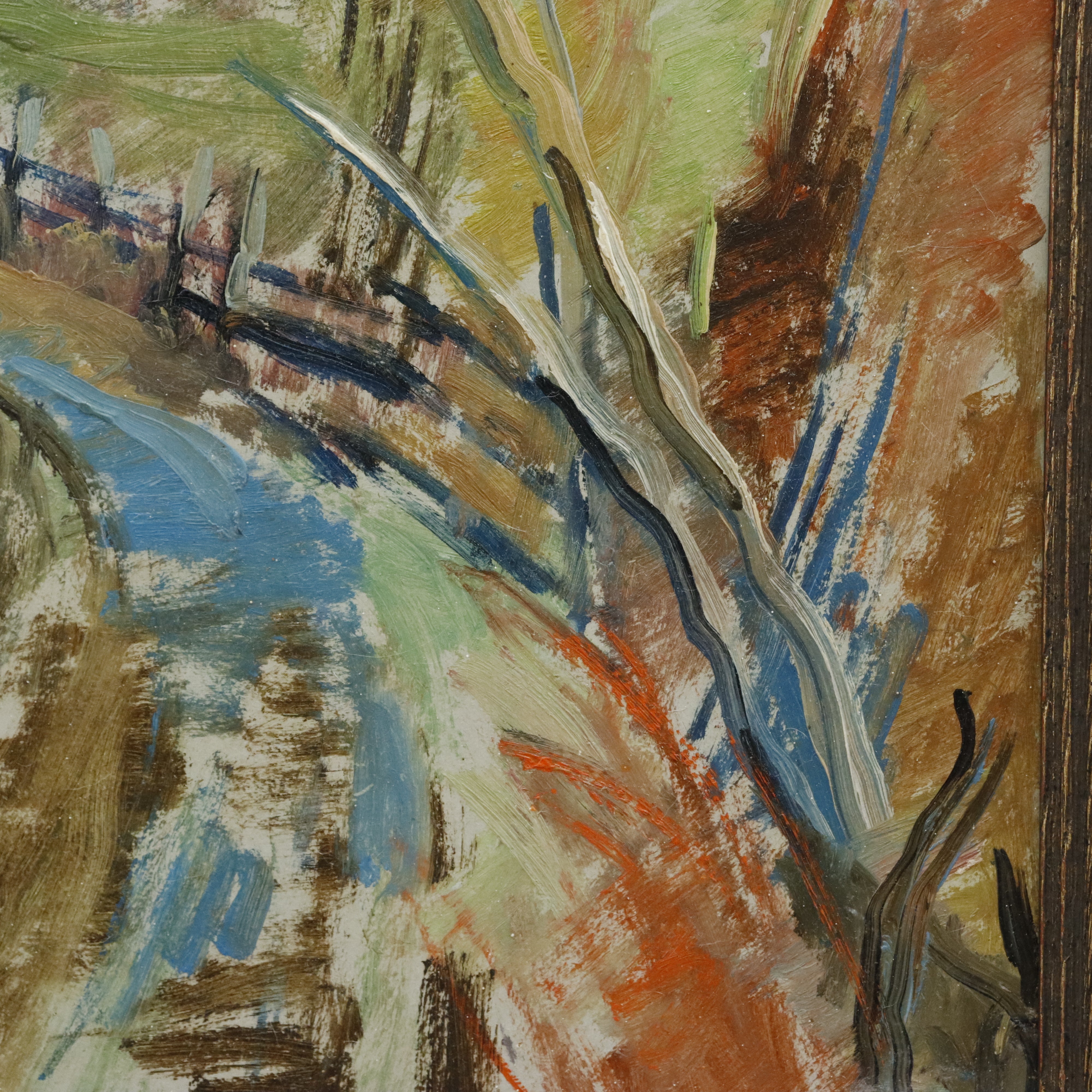 AW941: Randi Strom Country Road Landscape Expressionist Oil on Masonite Painting Circa 1945