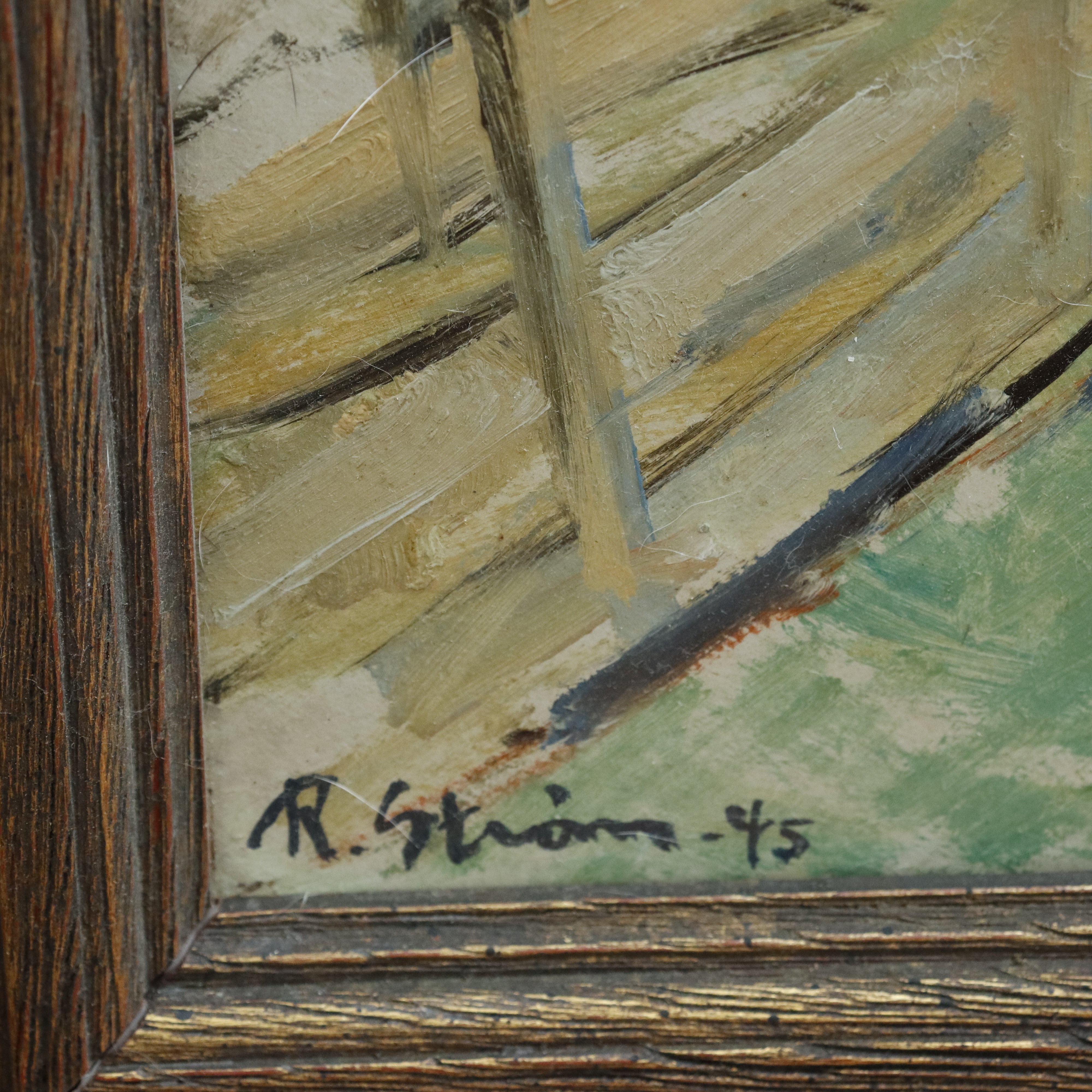 AW941: Randi Strom Country Road Landscape Expressionist Oil on Masonite Painting Circa 1945