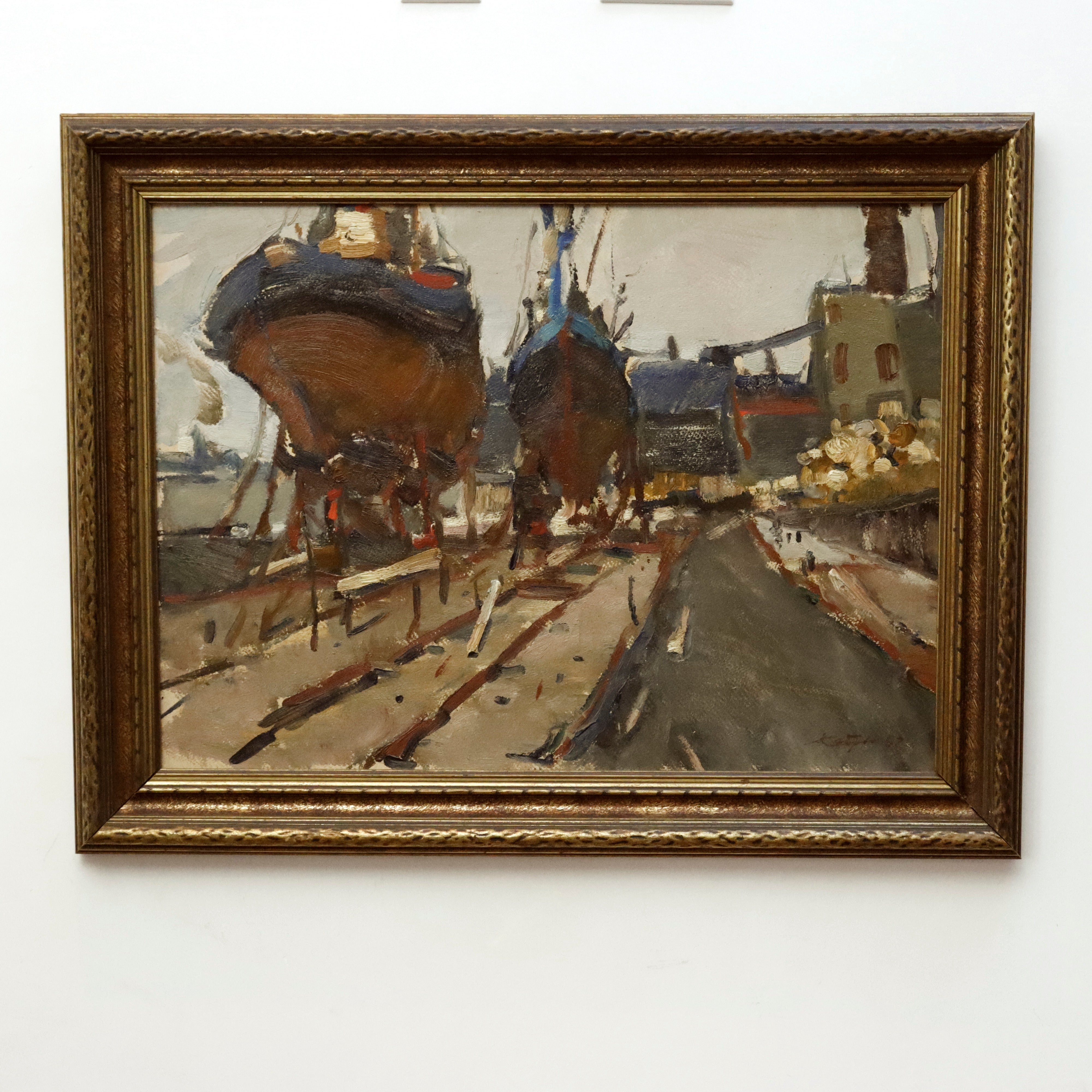 European Ships in Drydock Expressionist Oil on Canvas Painting Dated 1962 | Work of Man