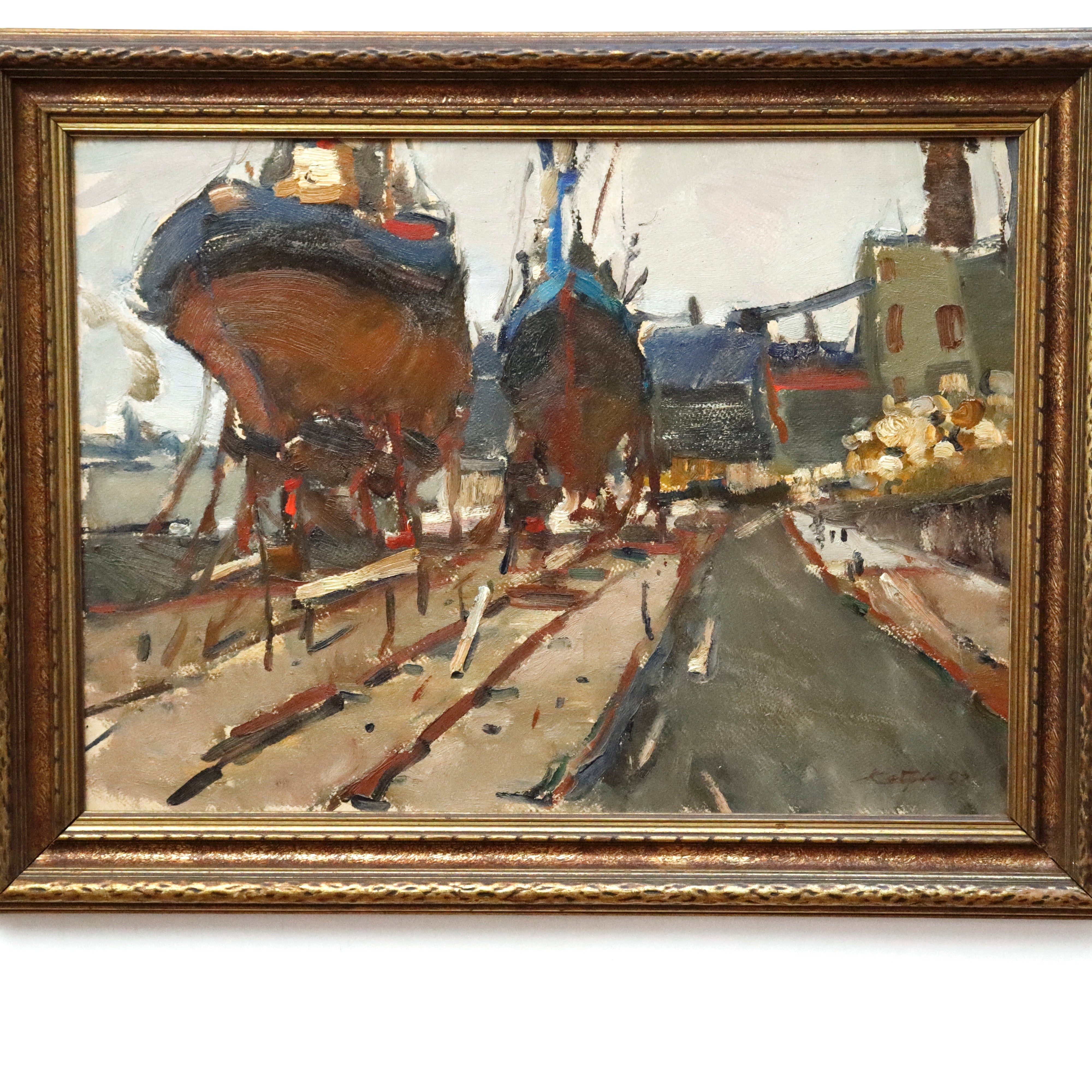 AW943: European Ships in Drydock Expressionist Oil on Canvas Painting Dated 1962
