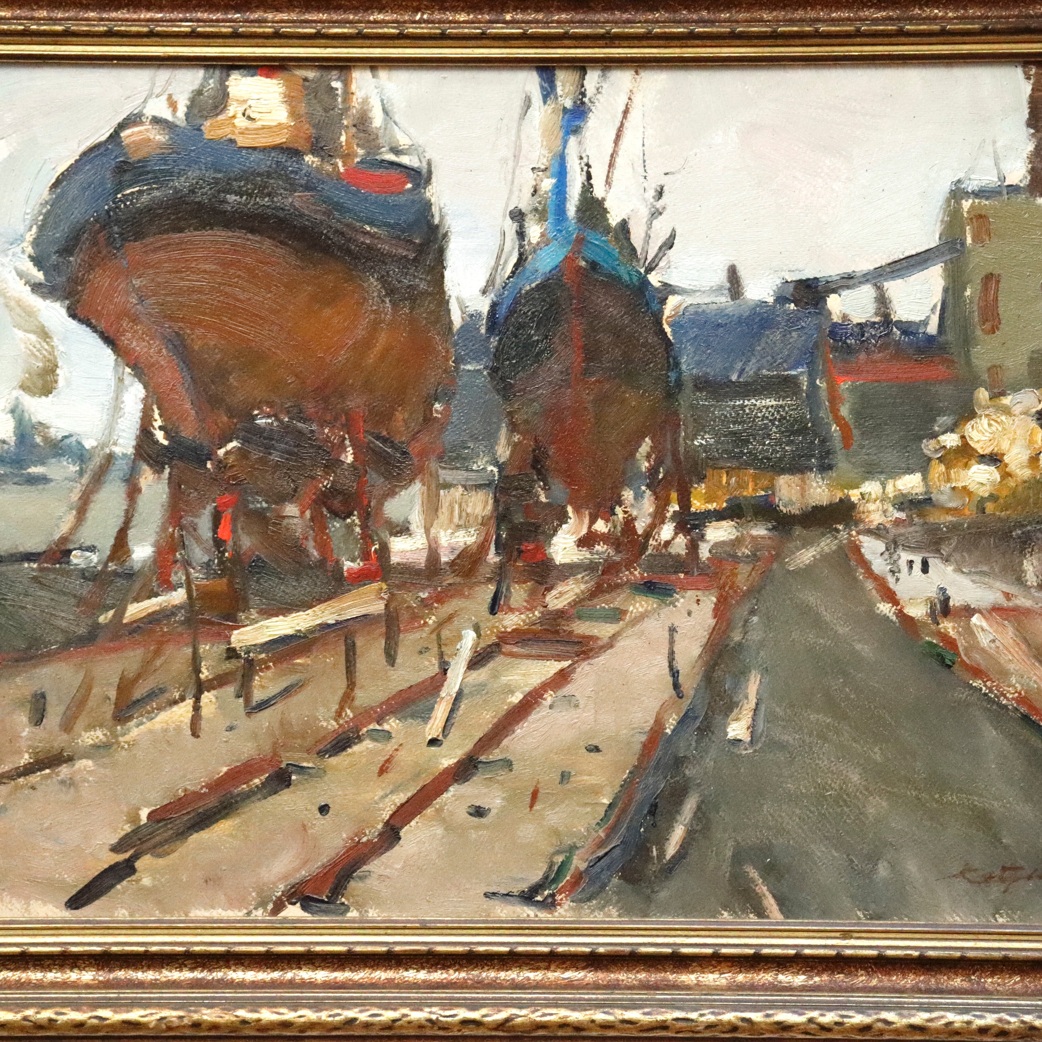 AW943: European Ships in Drydock Expressionist Oil on Canvas Painting Dated 1962