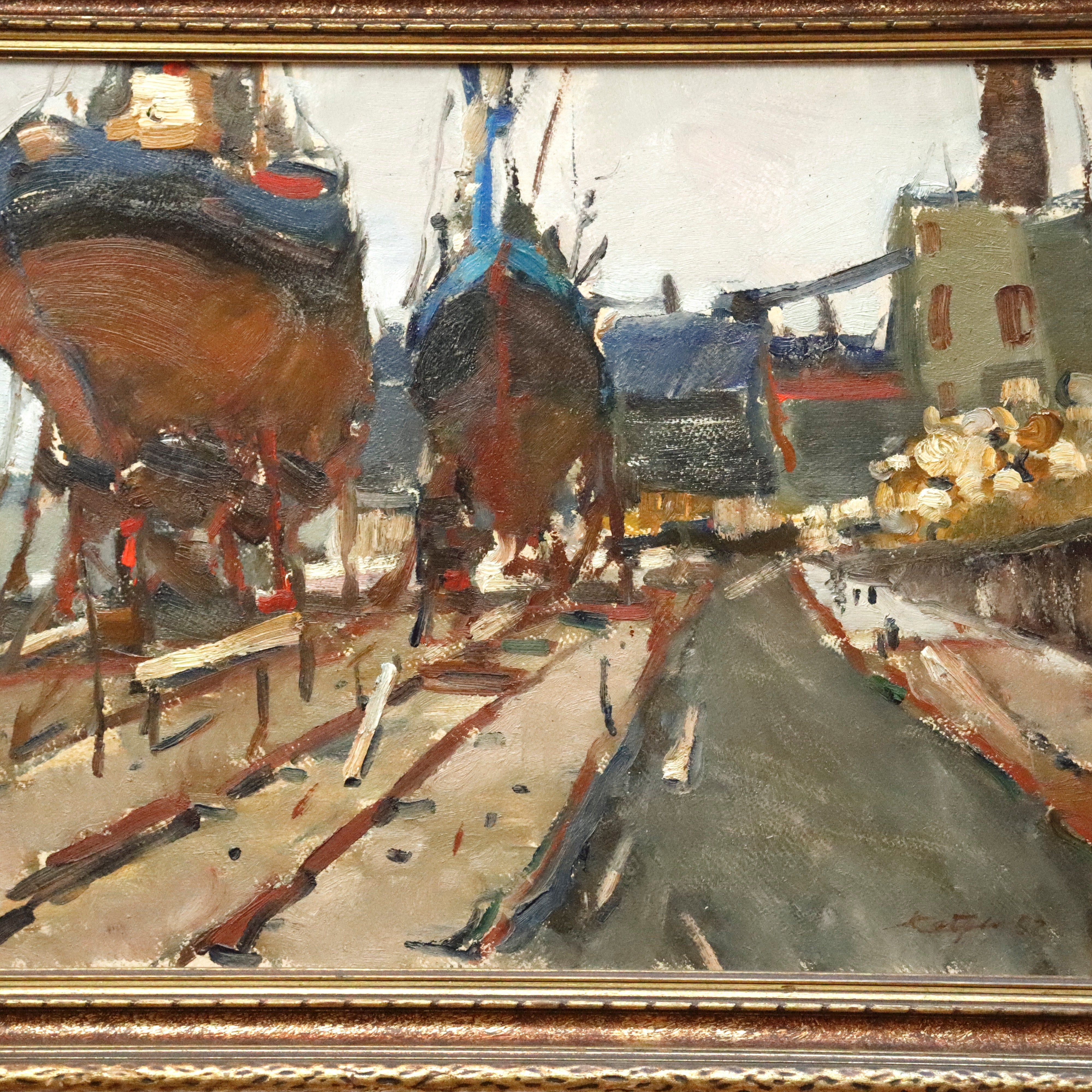 AW943: European Ships in Drydock Expressionist Oil on Canvas Painting Dated 1962