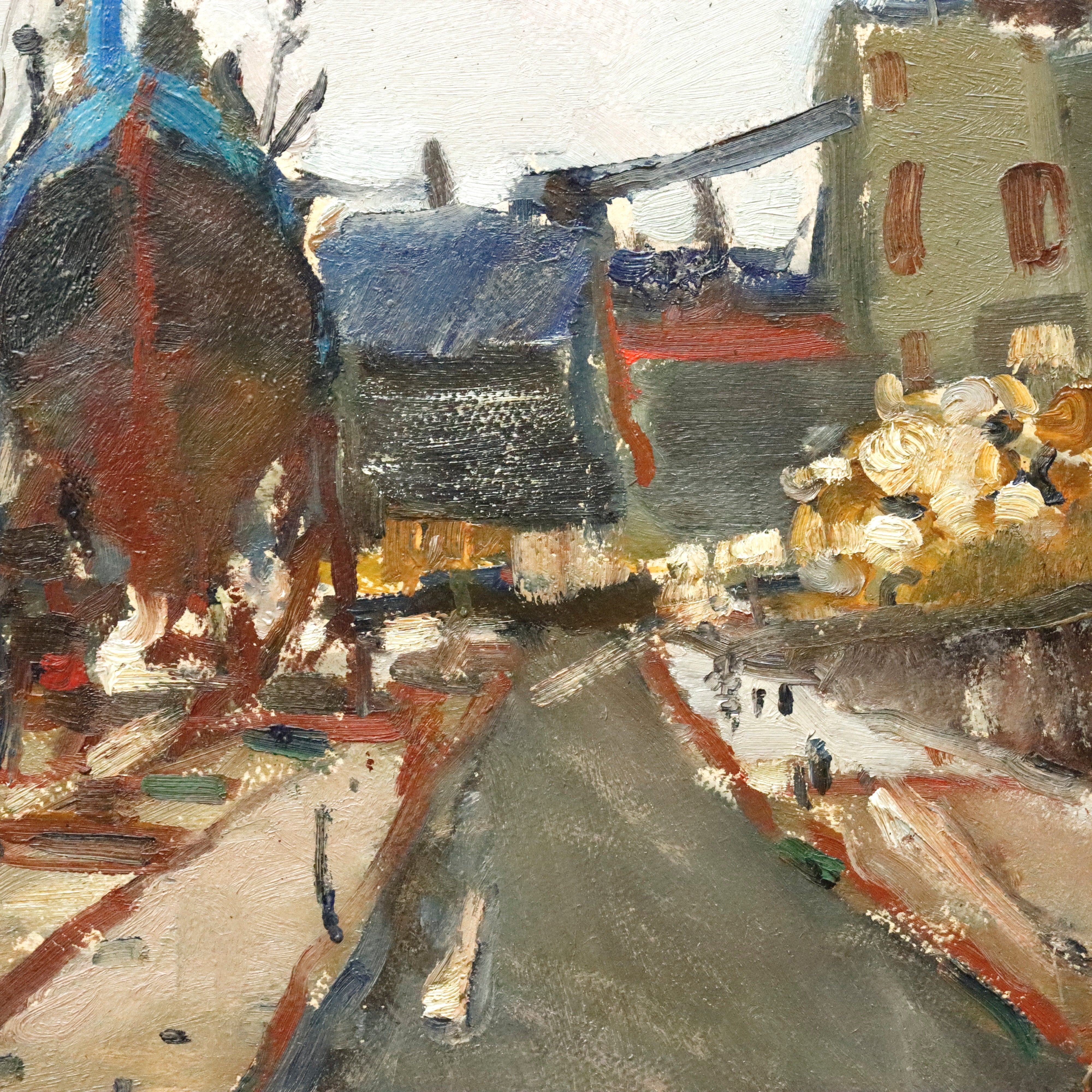 AW943: European Ships in Drydock Expressionist Oil on Canvas Painting Dated 1962