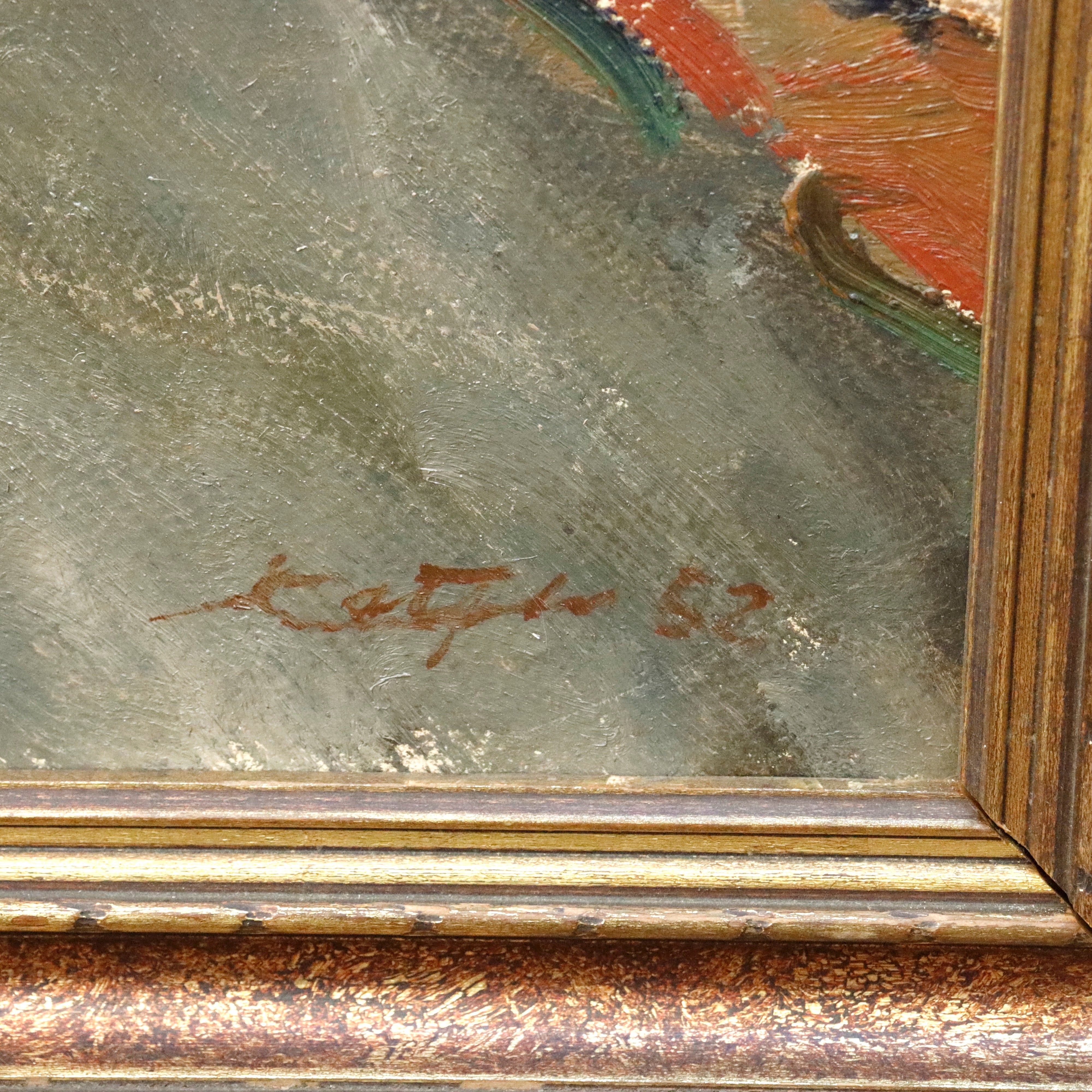 AW943: European Ships in Drydock Expressionist Oil on Canvas Painting Dated 1962