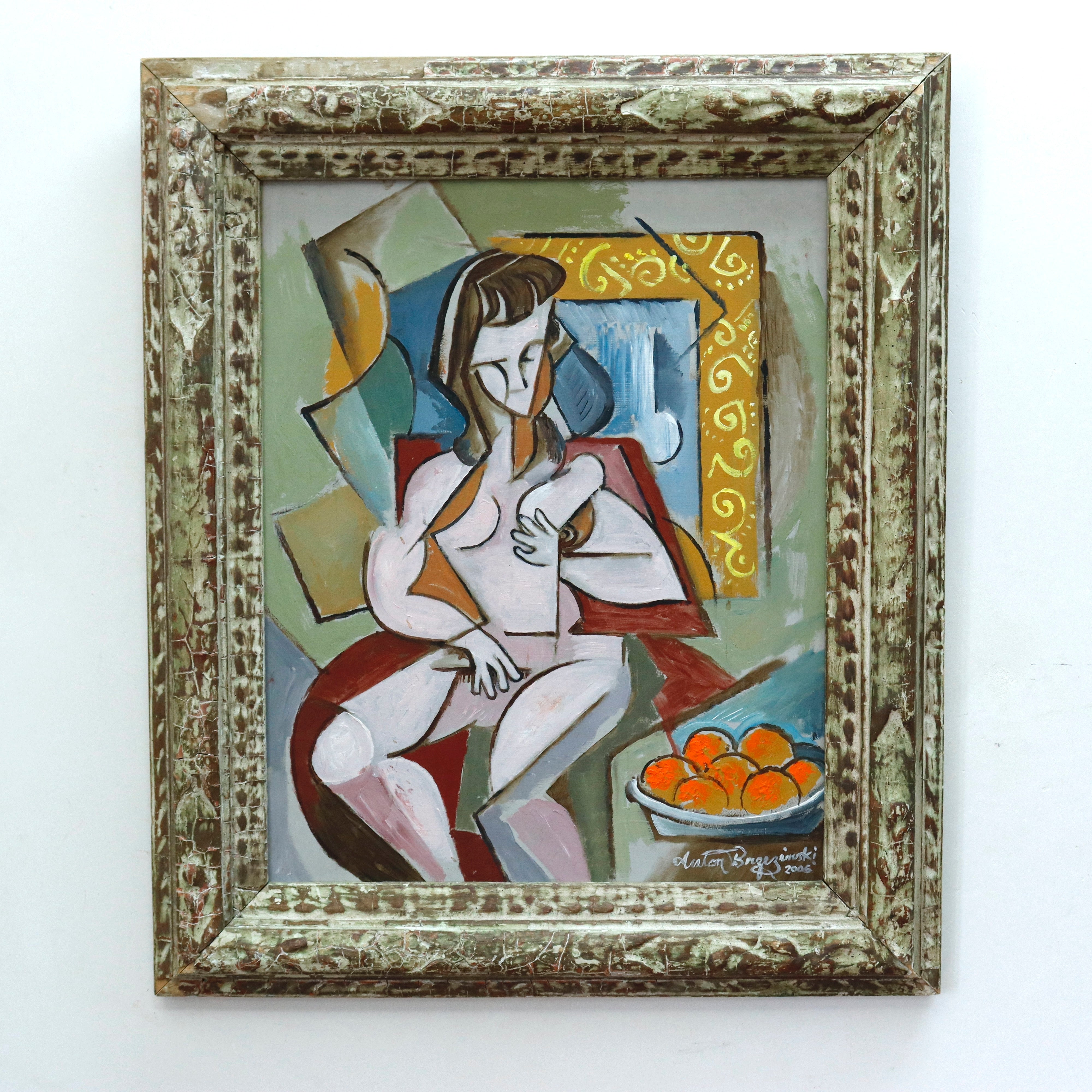 Anton Brzezinski Cubist Oil on Board Painting Woman With Oranges | Work of Man