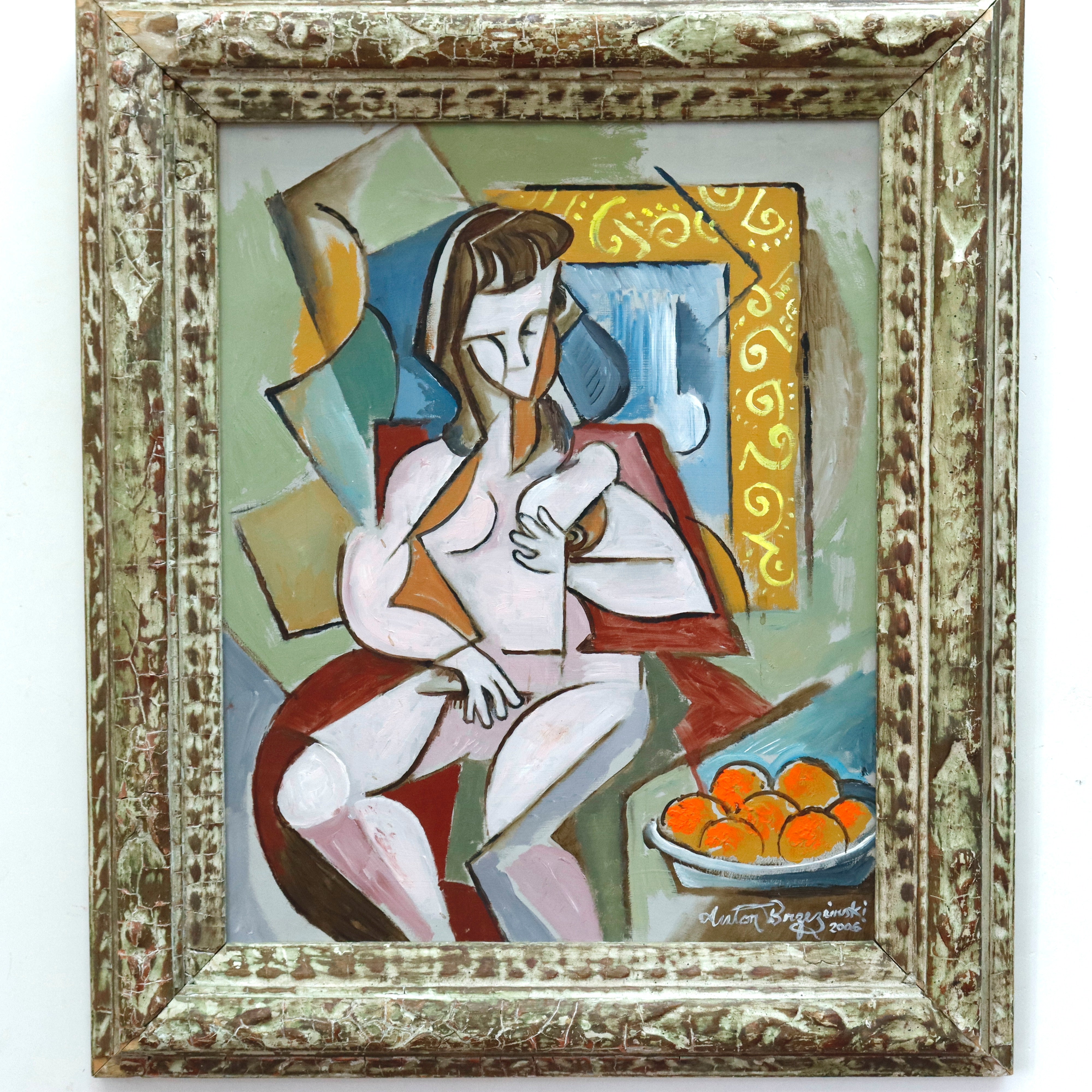 AW311: Anton Brzezinski Cubist Oil on Board Painting Woman With Oranges Circa 2006