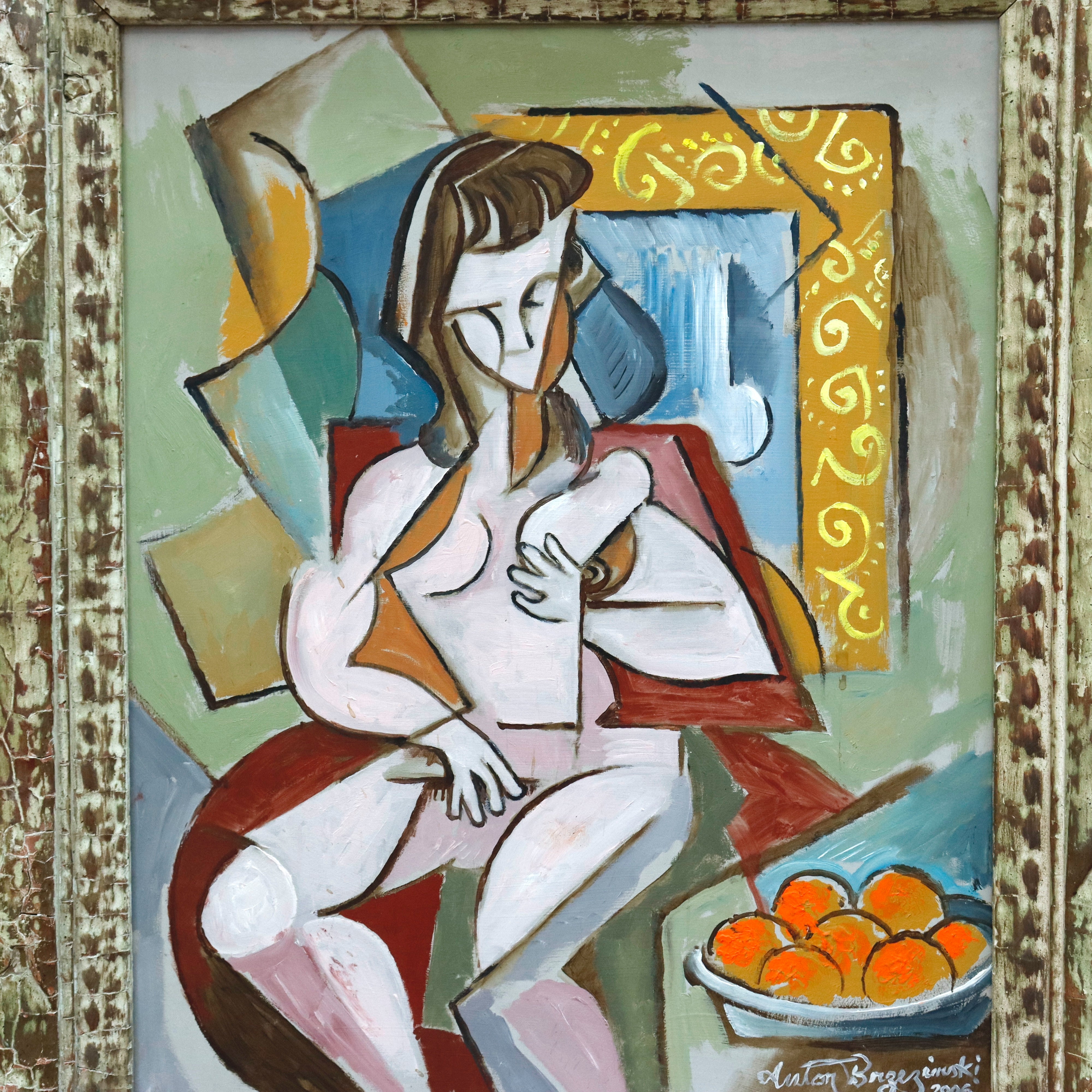 AW311: Anton Brzezinski Cubist Oil on Board Painting Woman With Oranges Circa 2006